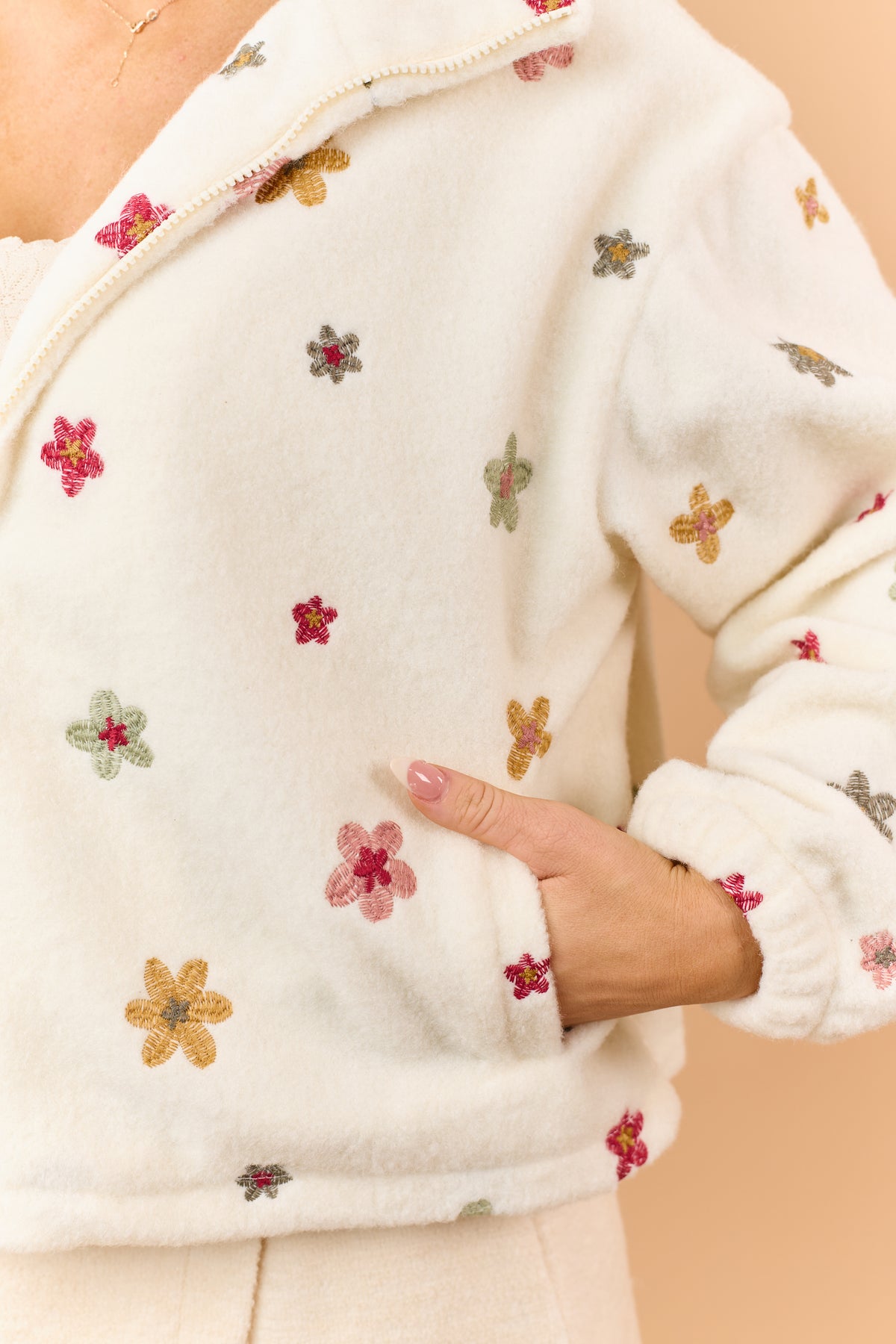 Cream Sherpa Floral Embroidered Zip Up Jacket