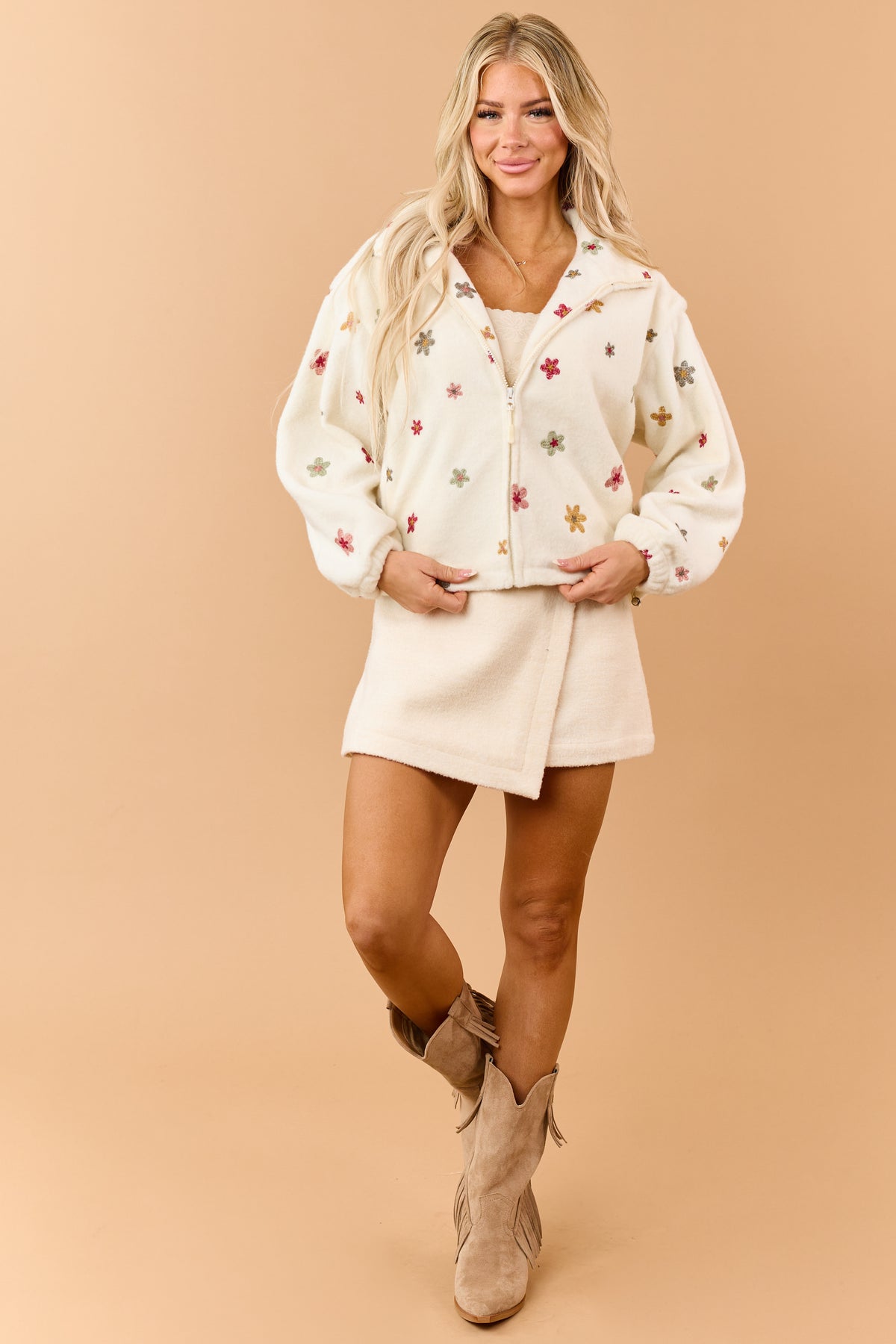 Cream Sherpa Floral Embroidered Zip Up Jacket