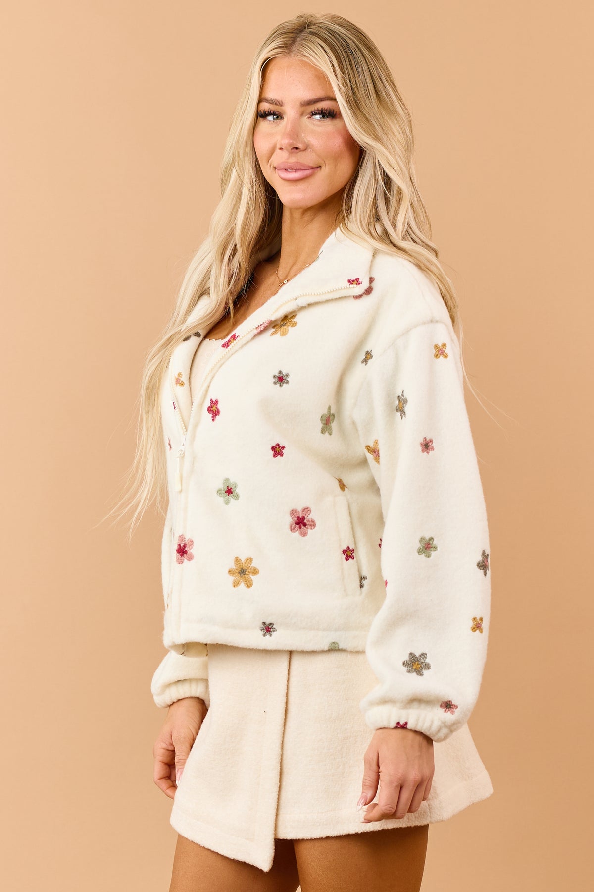 Cream Sherpa Floral Embroidered Zip Up Jacket