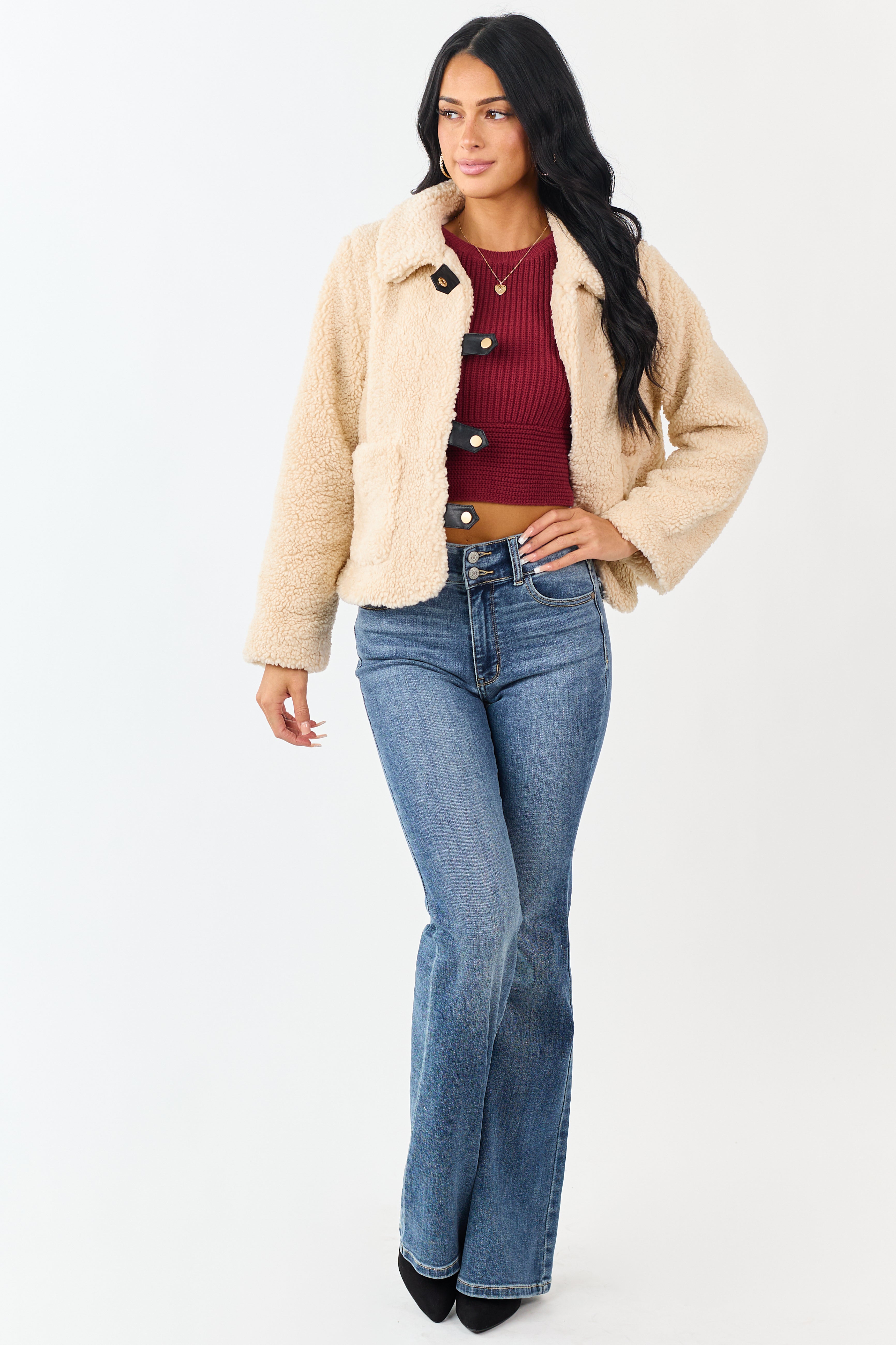 Cream Sherpa Long Sleeve Button Down Jacket | Lime Lush Boutique
