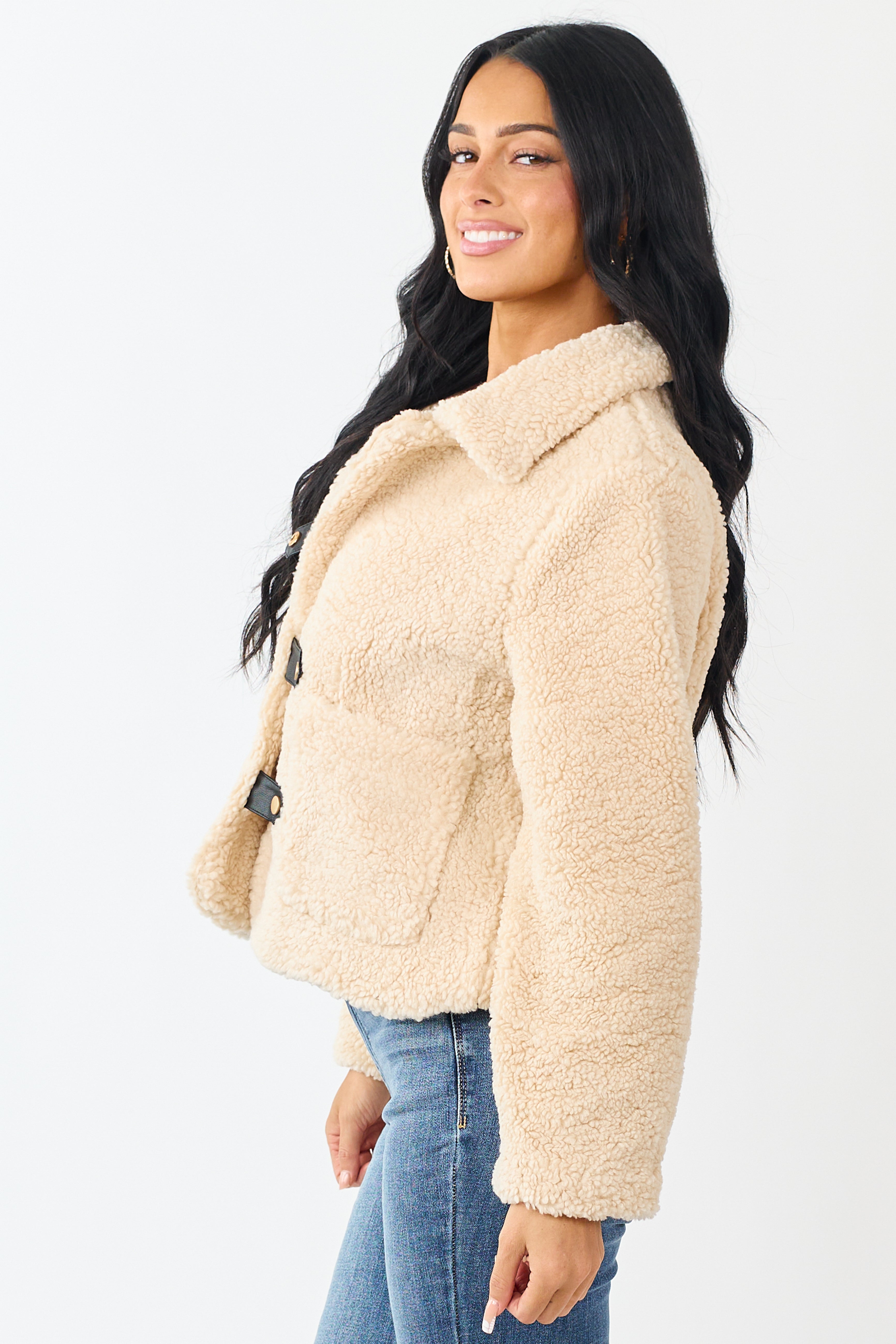 Cream Sherpa Long Sleeve Button Down Jacket