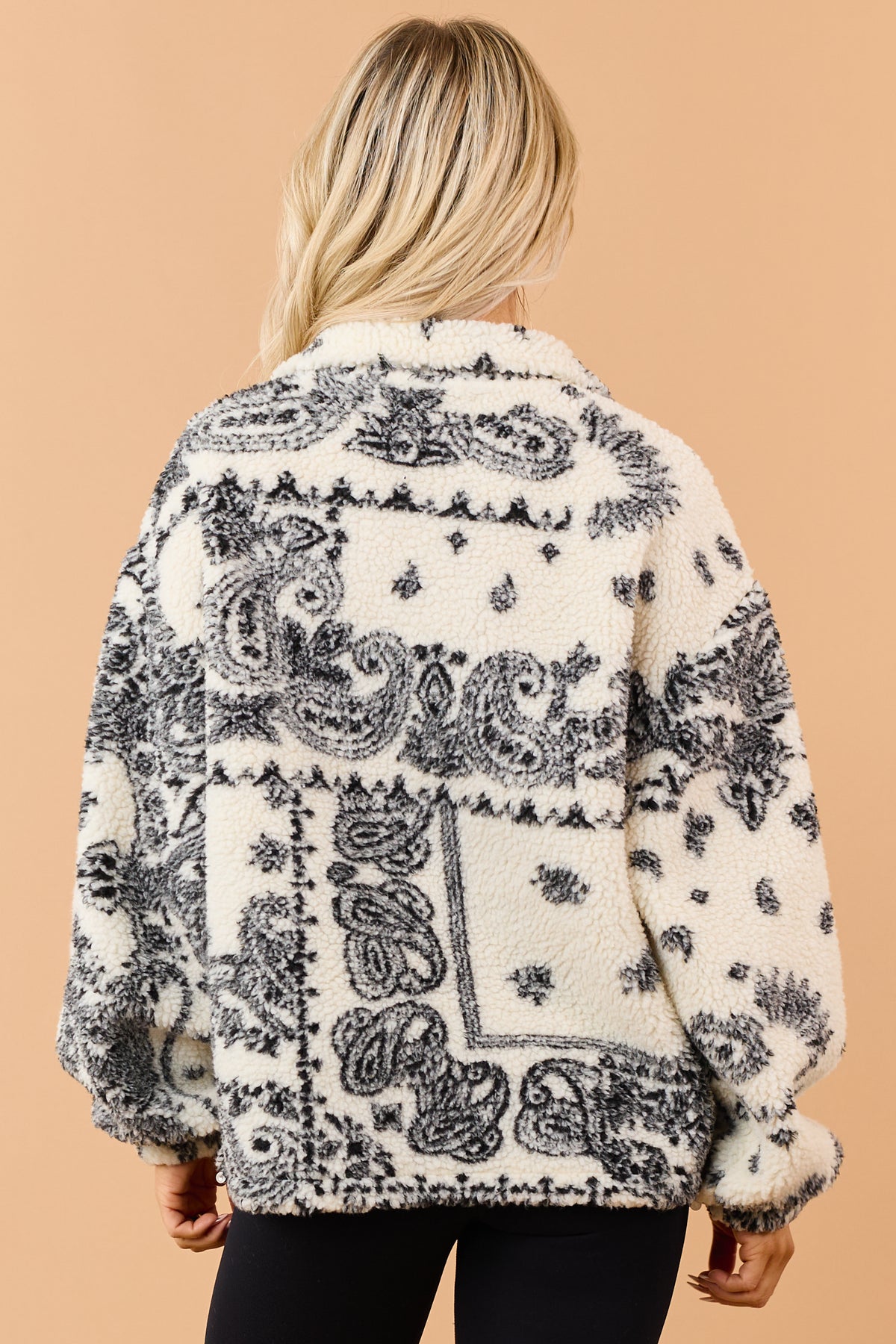 Cream Sherpa Paisley Print Quarter Zip Jacket
