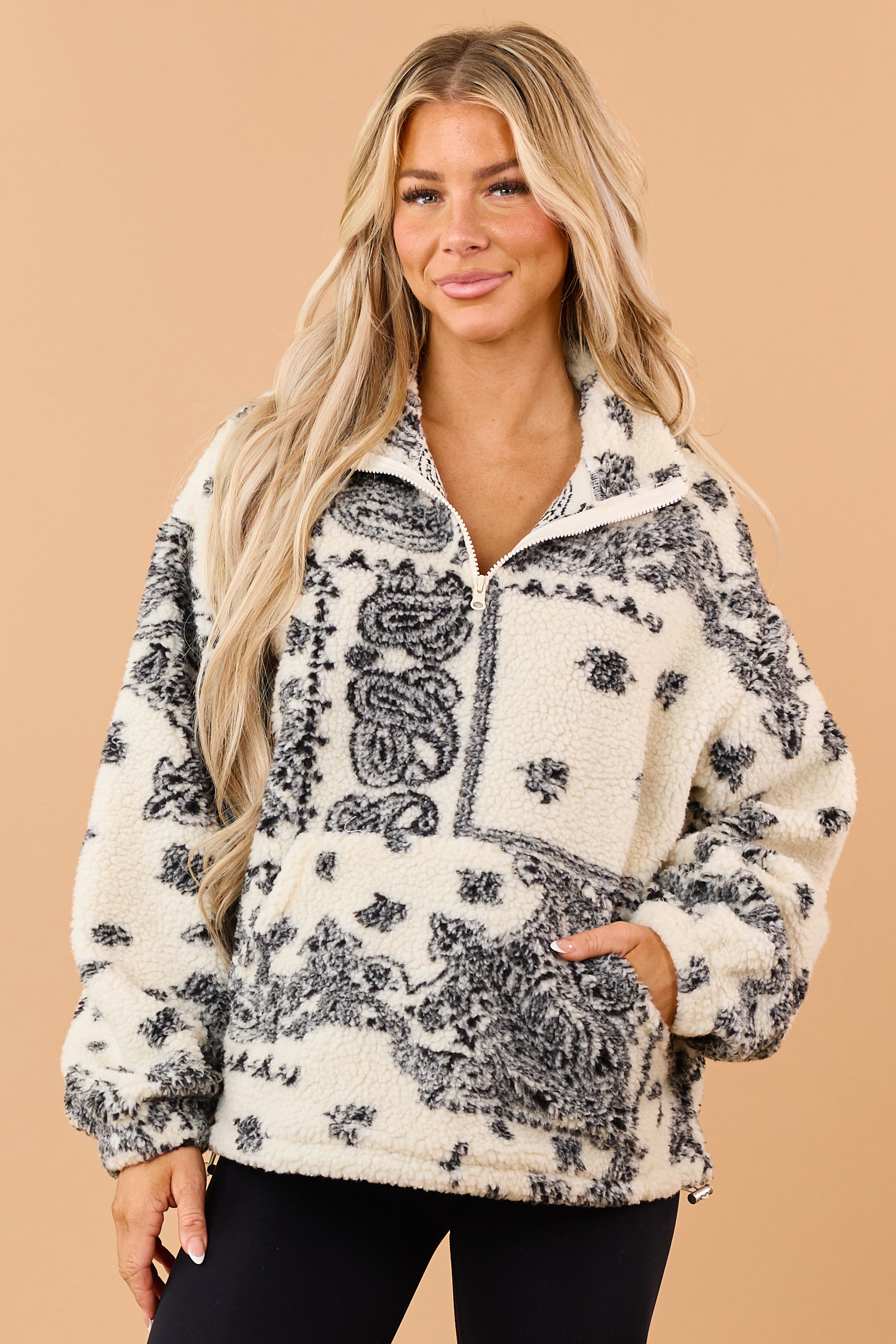 LIVERARY x HIMAA 裏起毛フリースBIGブランケット Cream Sherpa Paisley Print Quarter Zip Jacket | Lime Lush Boutique