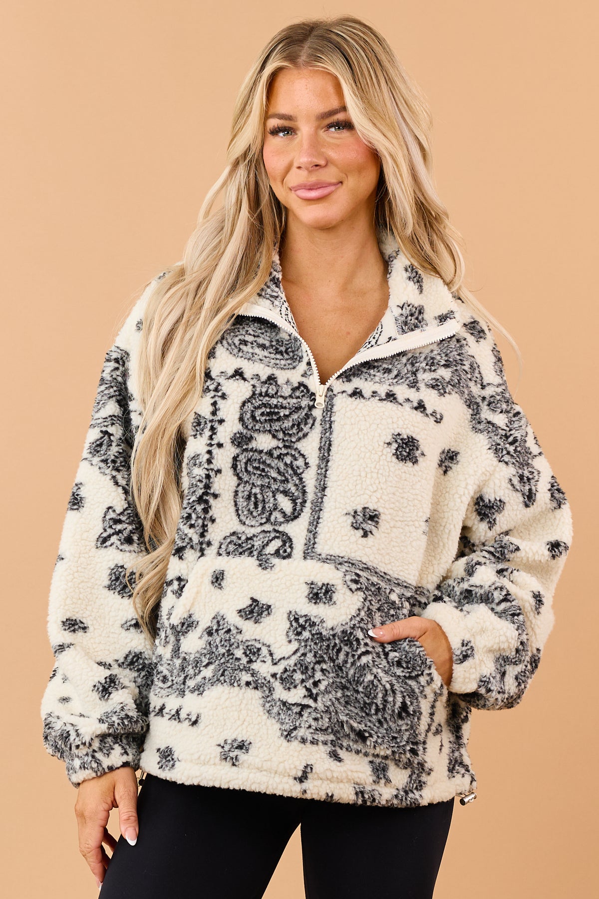 Cream Sherpa Paisley Print Quarter Zip Jacket