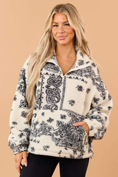 Cream Sherpa Paisley Print Quarter Zip Jacket | Lime Lush Boutique