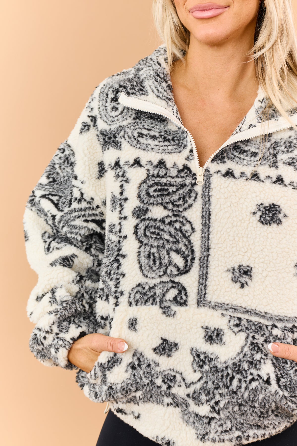 Cream Sherpa Paisley Print Quarter Zip Jacket