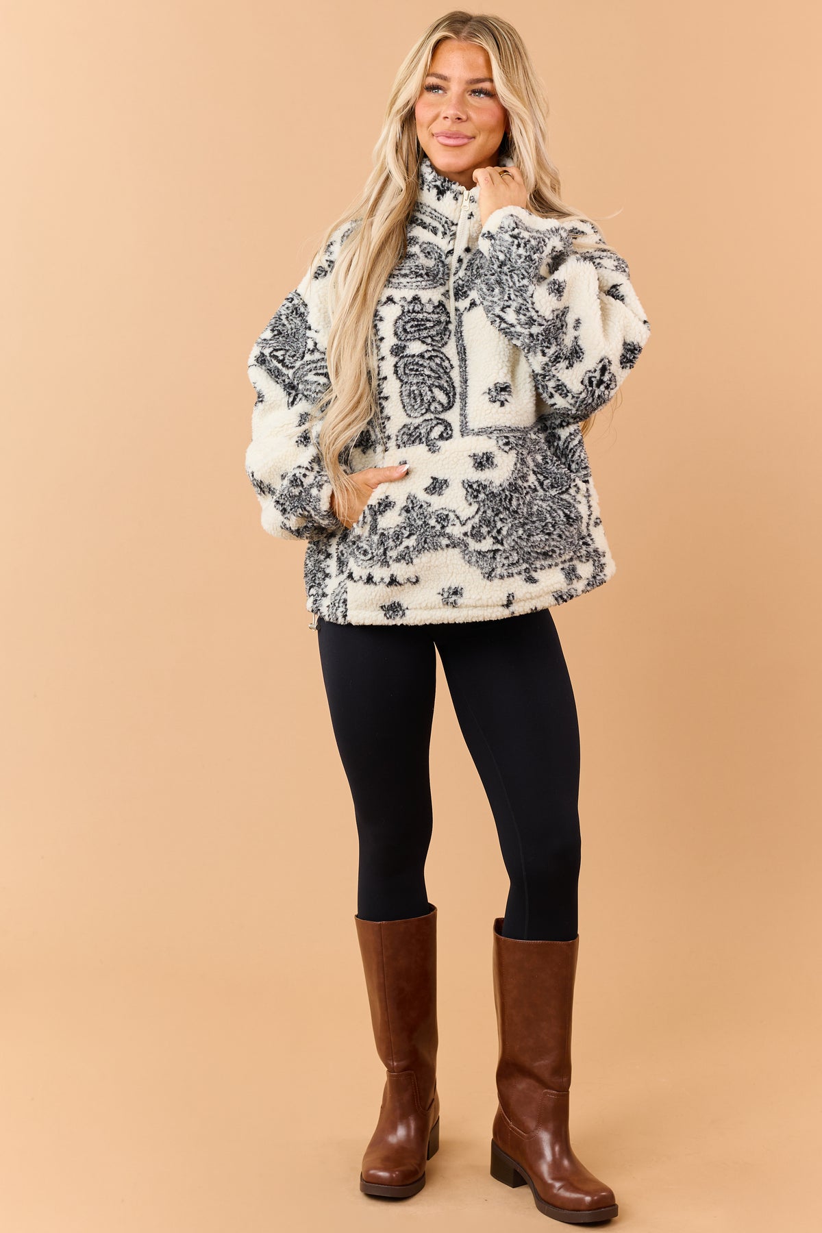 Cream Sherpa Paisley Print Quarter Zip Jacket