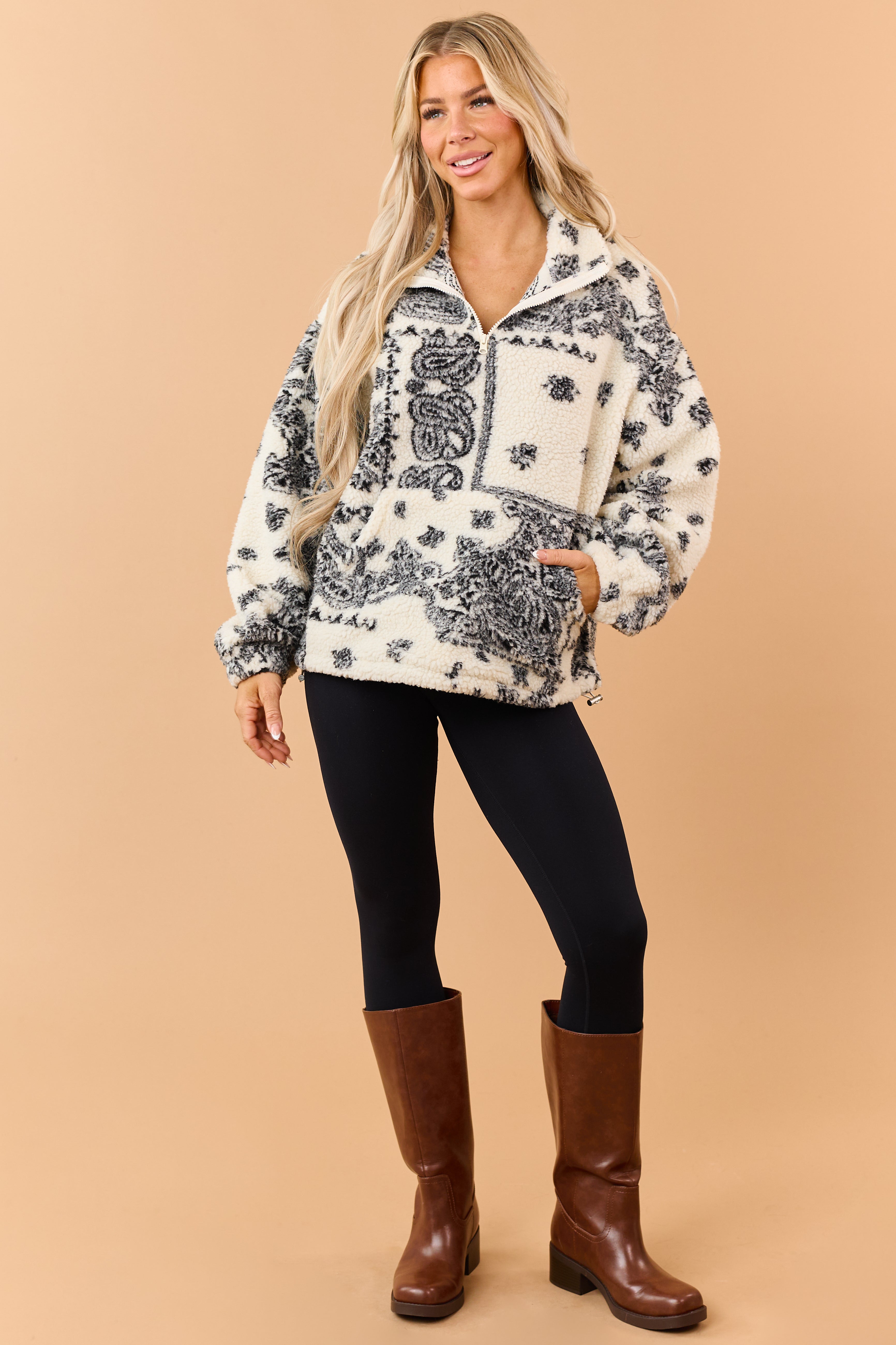 Cream Sherpa Paisley Print Quarter Zip Jacket | Lime Lush Boutique