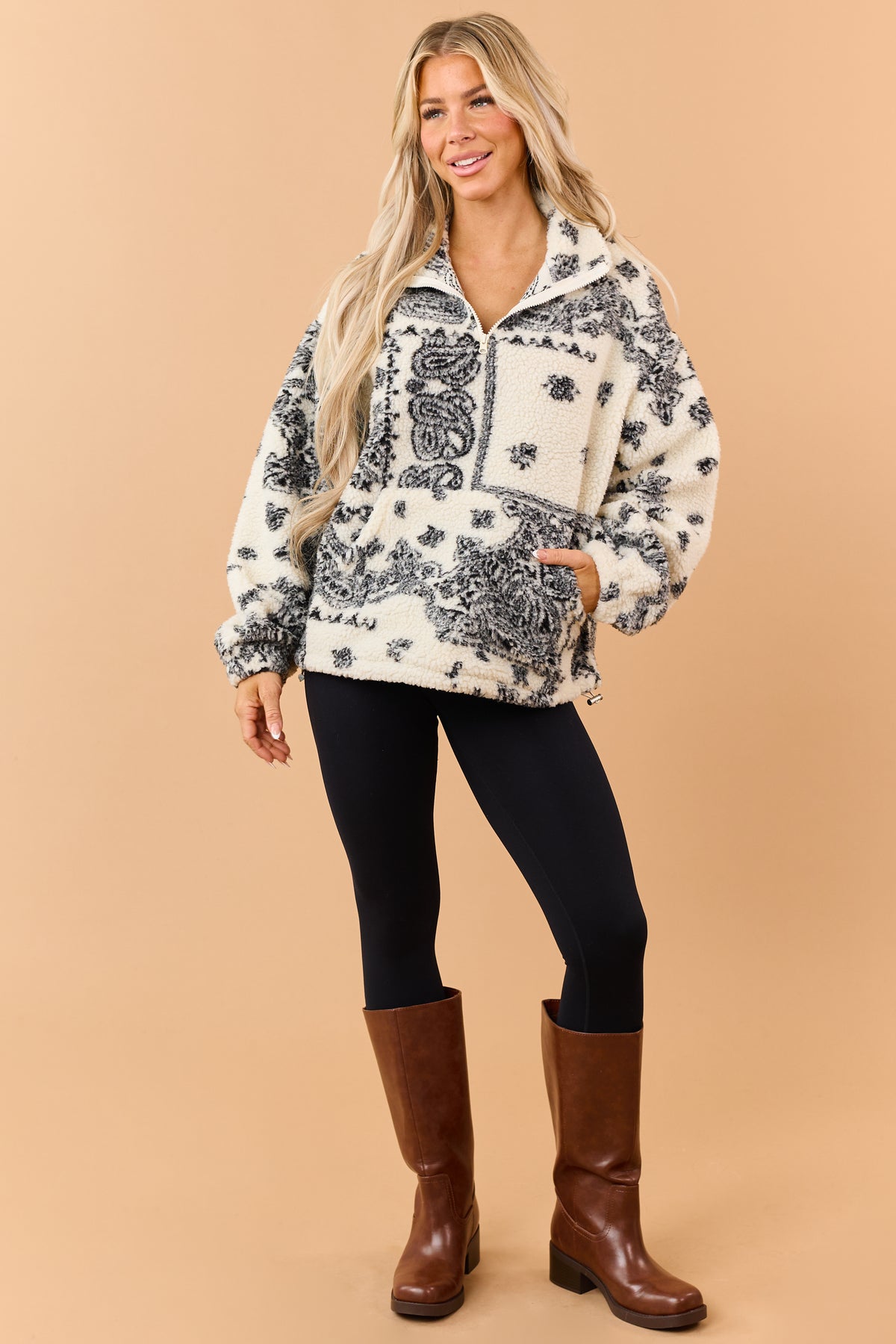 Cream Sherpa Paisley Print Quarter Zip Jacket