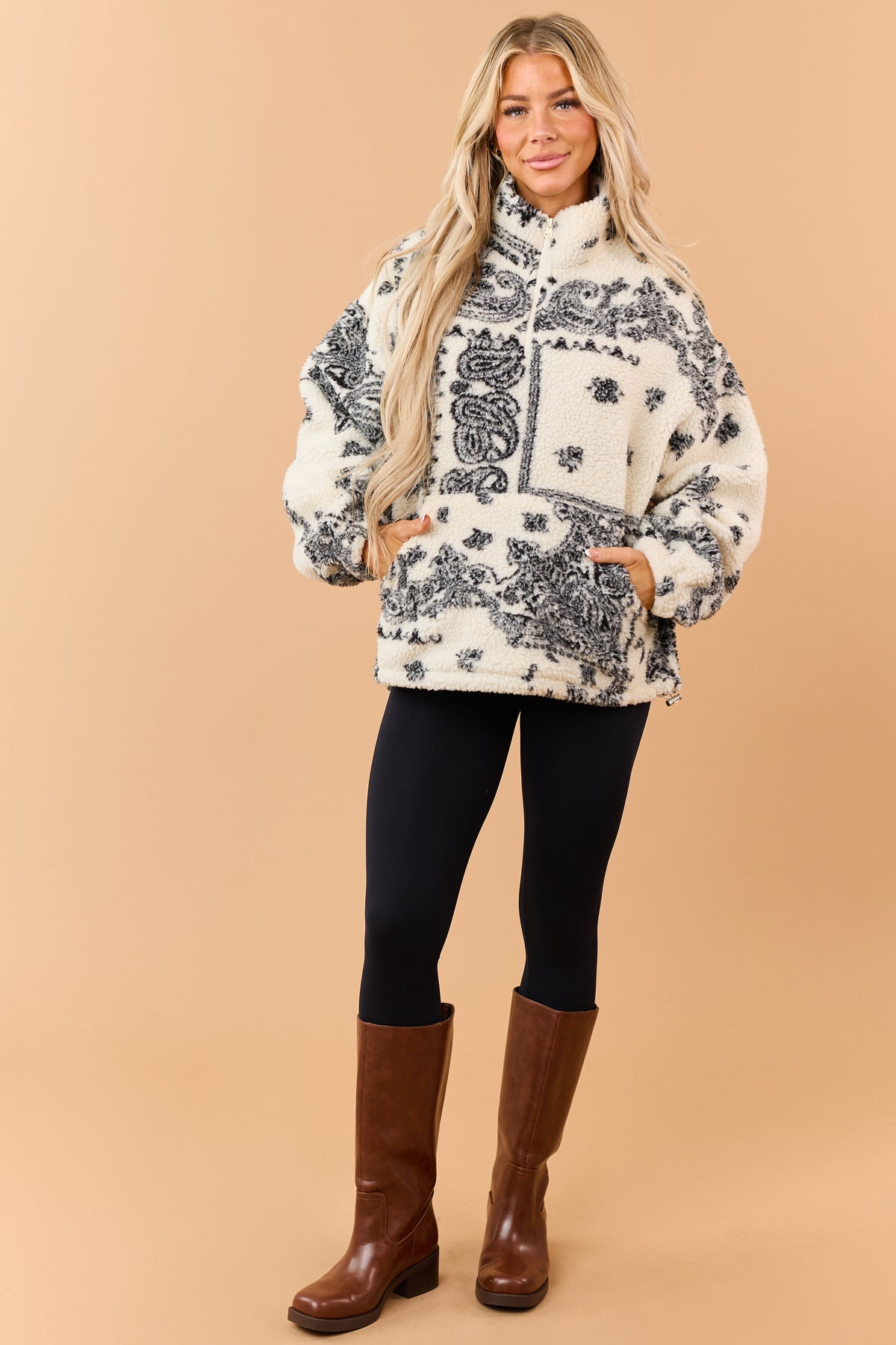 Cream Sherpa Paisley Print Quarter Zip Jacket