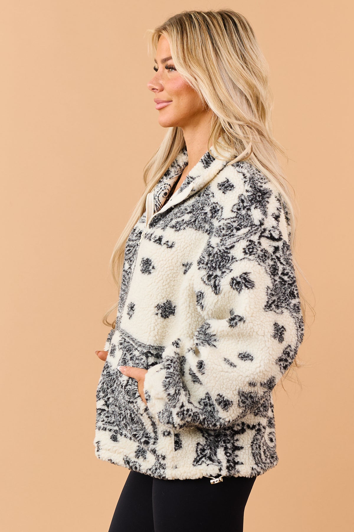 Cream Sherpa Paisley Print Quarter Zip Jacket