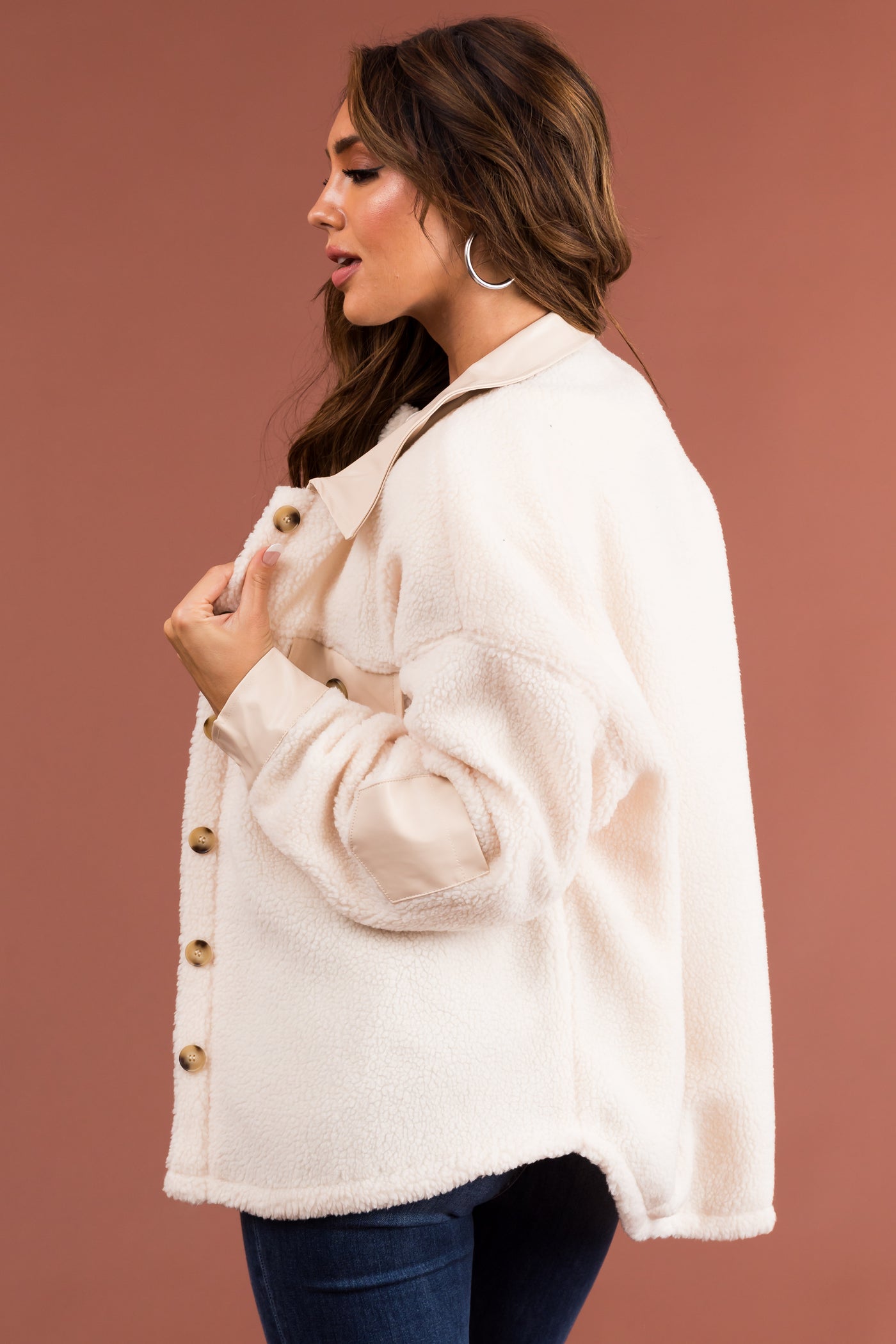 Cream Sherpa Shacket with Faux Leather Detail