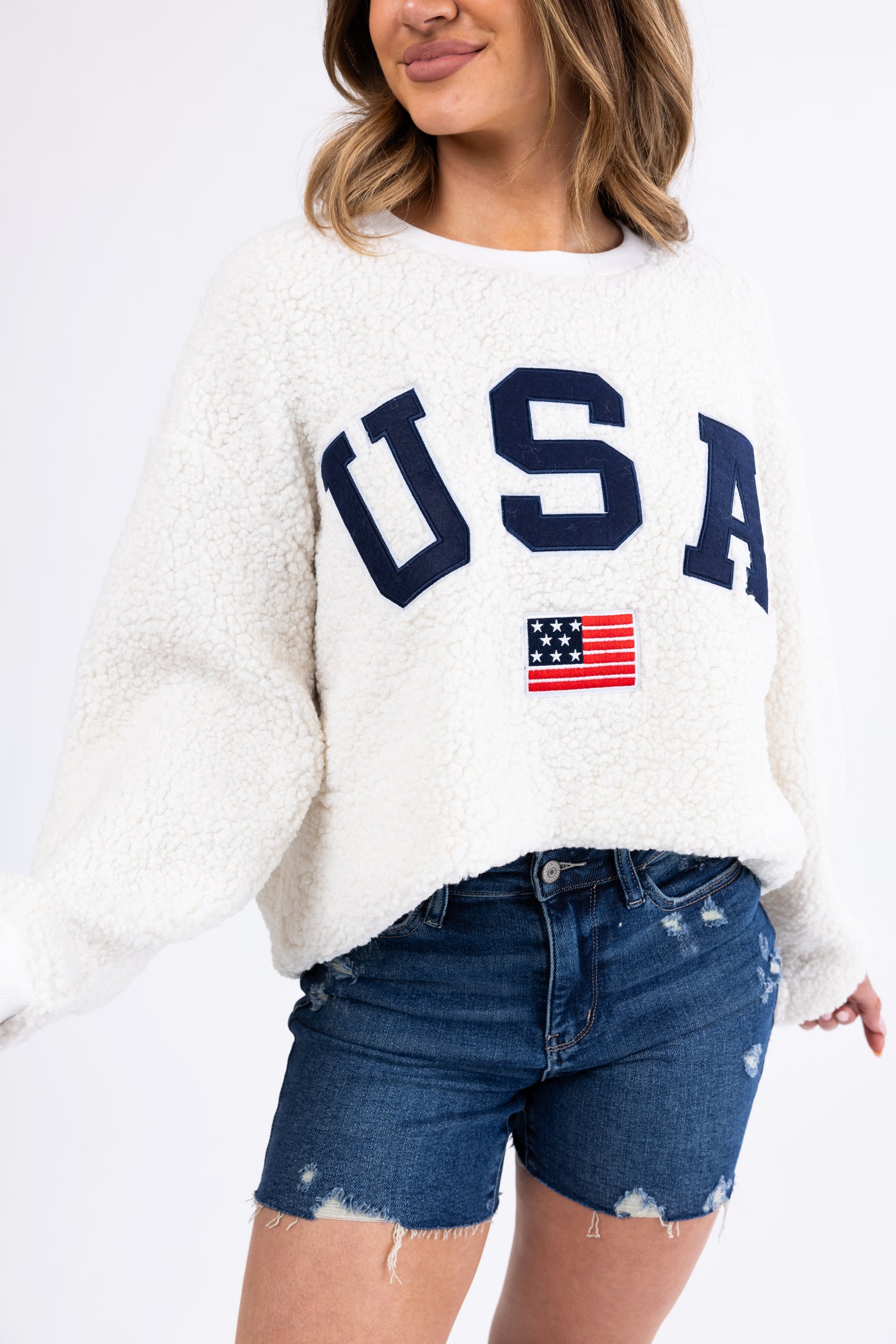 Cream Sherpa 'USA' Embroidered Pullover