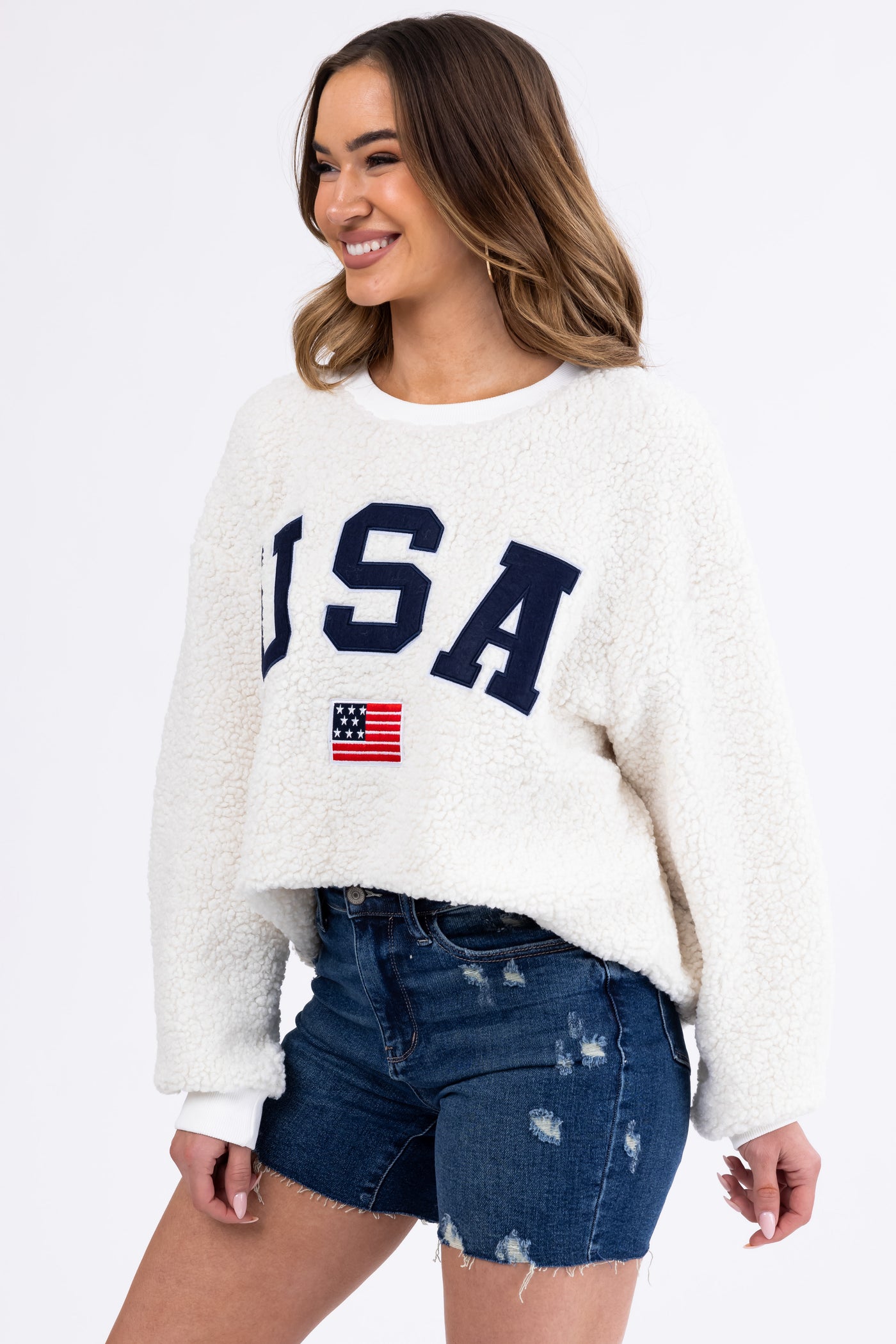 Cream Sherpa 'USA' Embroidered Pullover