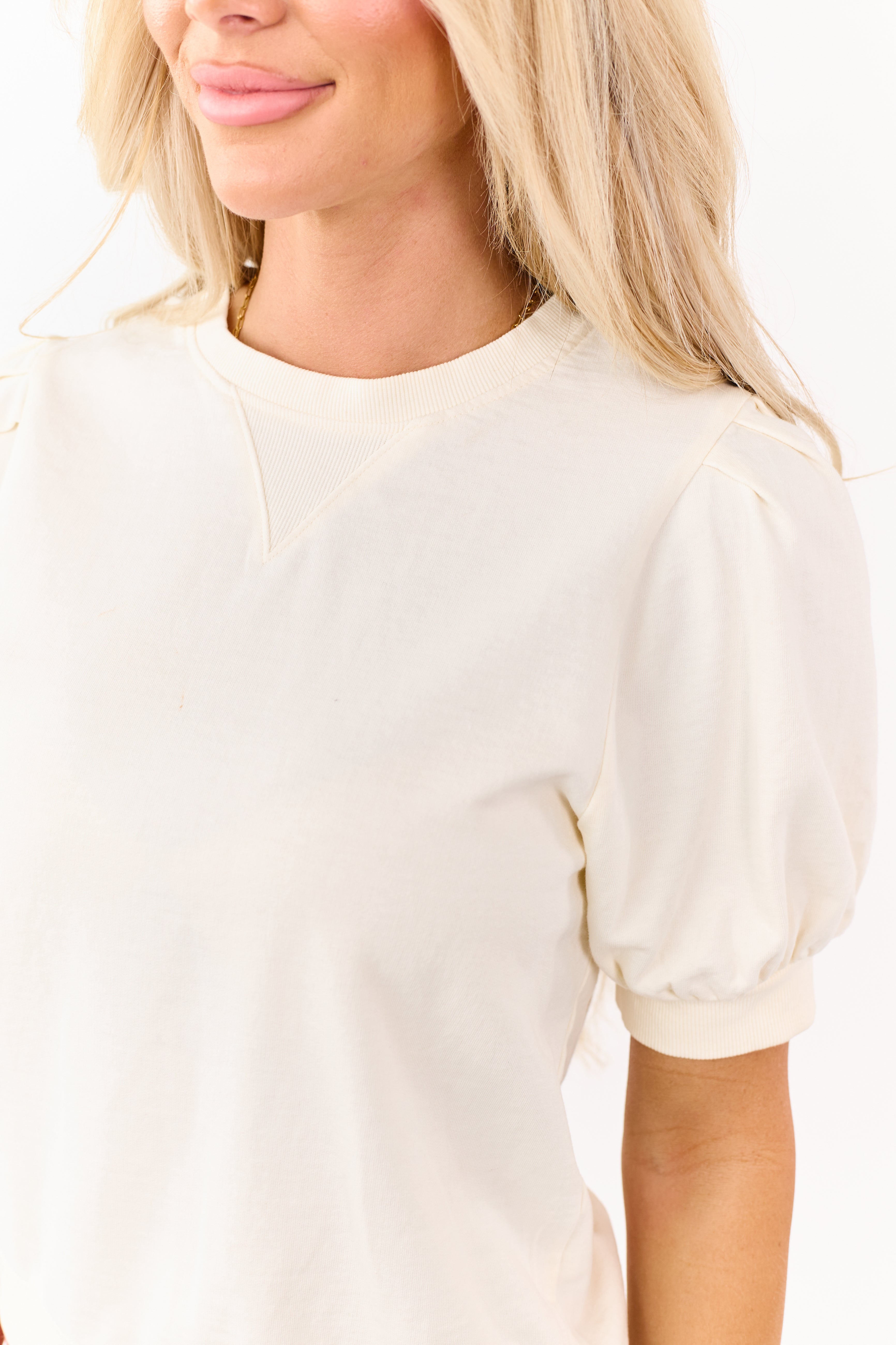 Cream Short Puff Sleeve V Stitch Cotton Top | Lime Lush Boutique