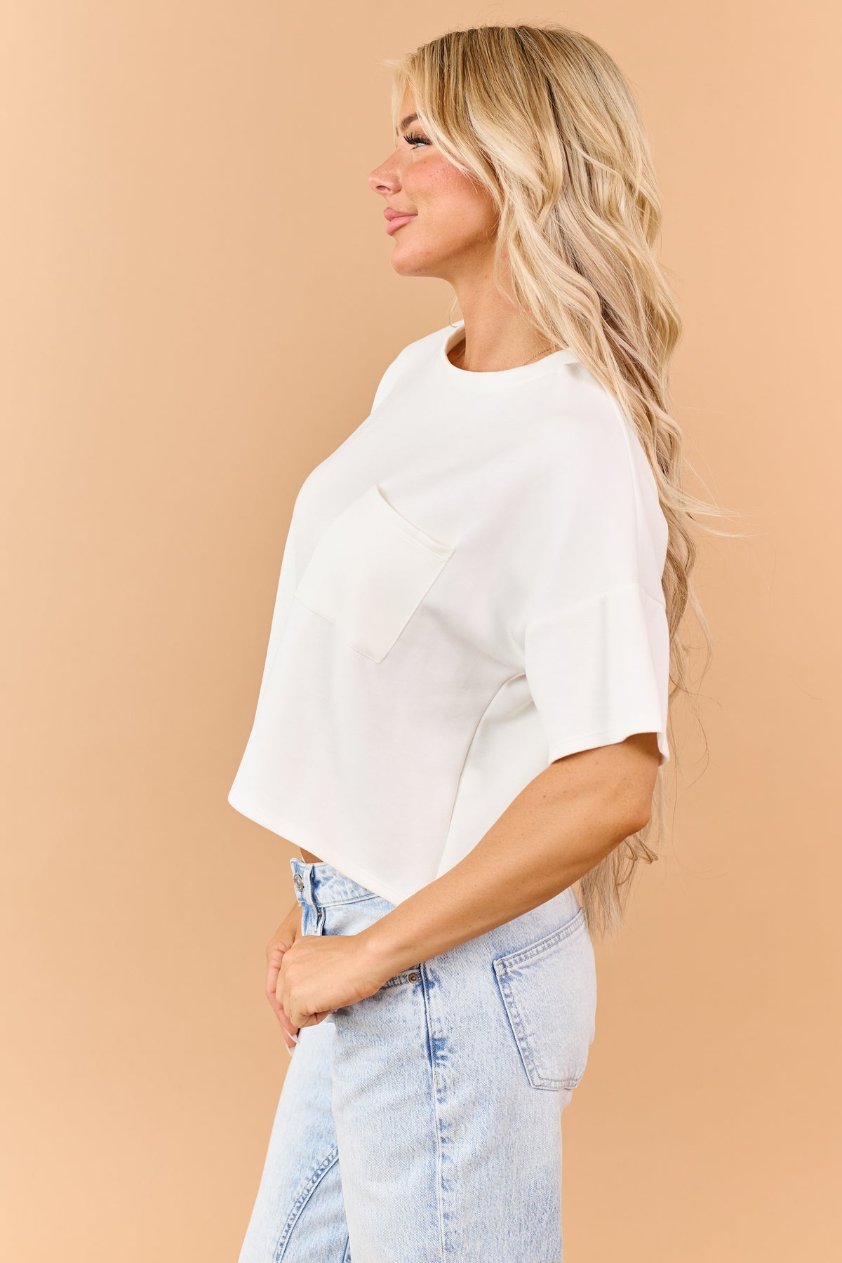 Cream Short Sleeve Crew Neck Boxy Scuba Top