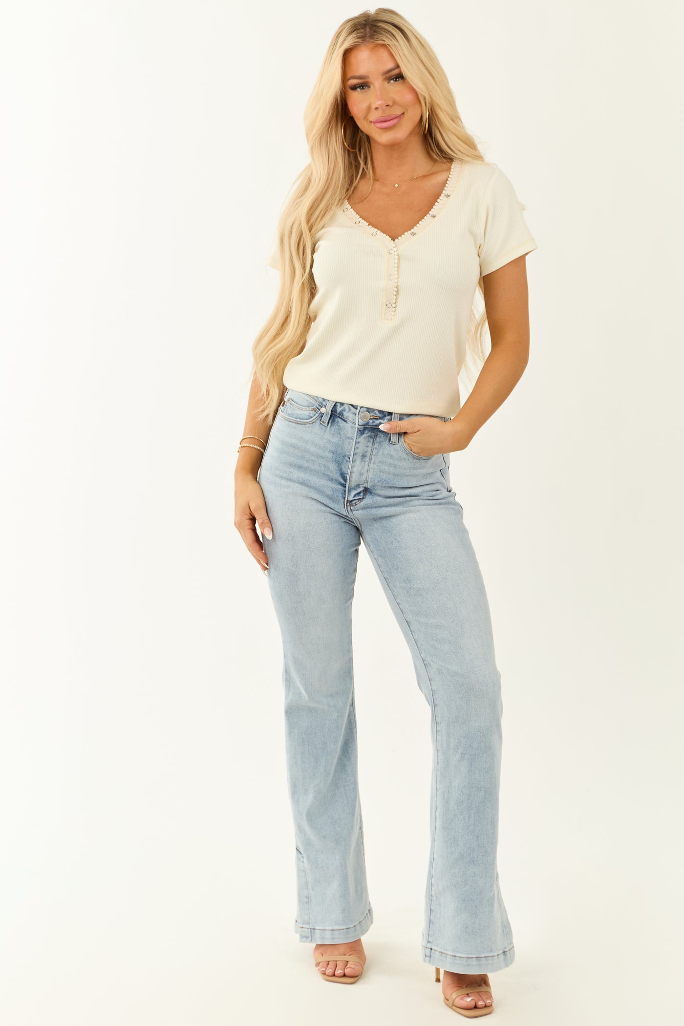 Cream Short Sleeve Snap Button V Neck Knit Top
