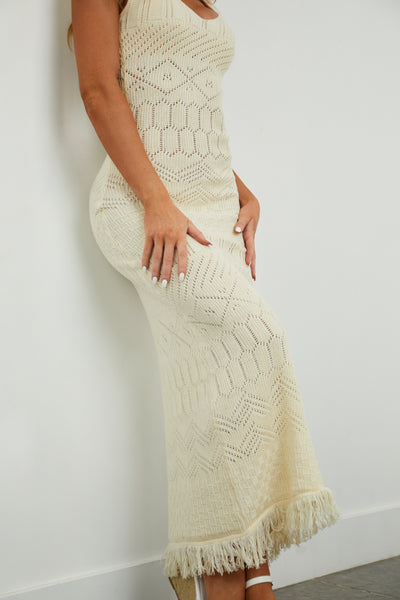 Cream Sleeveless Cable Knit Tassel Hem Maxi Dress