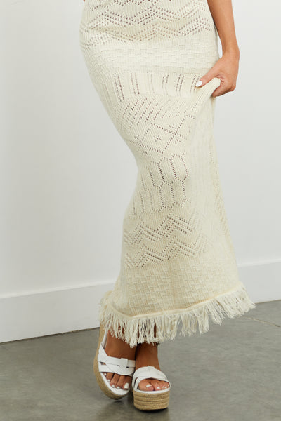 Cream Sleeveless Cable Knit Tassel Hem Maxi Dress