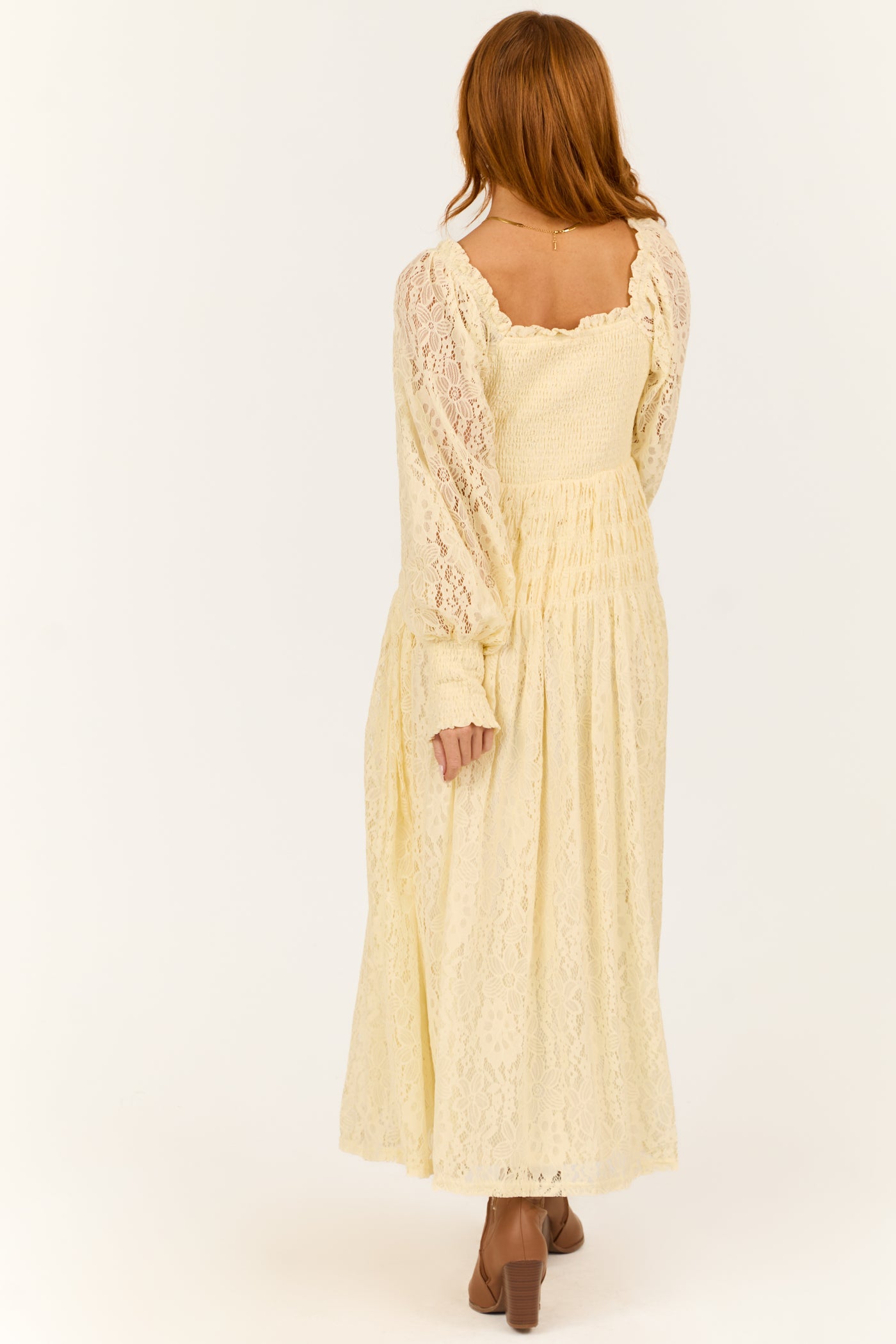 Maxi Dress Beige Lace Dress With Sleeves Cream Smocked Bubble