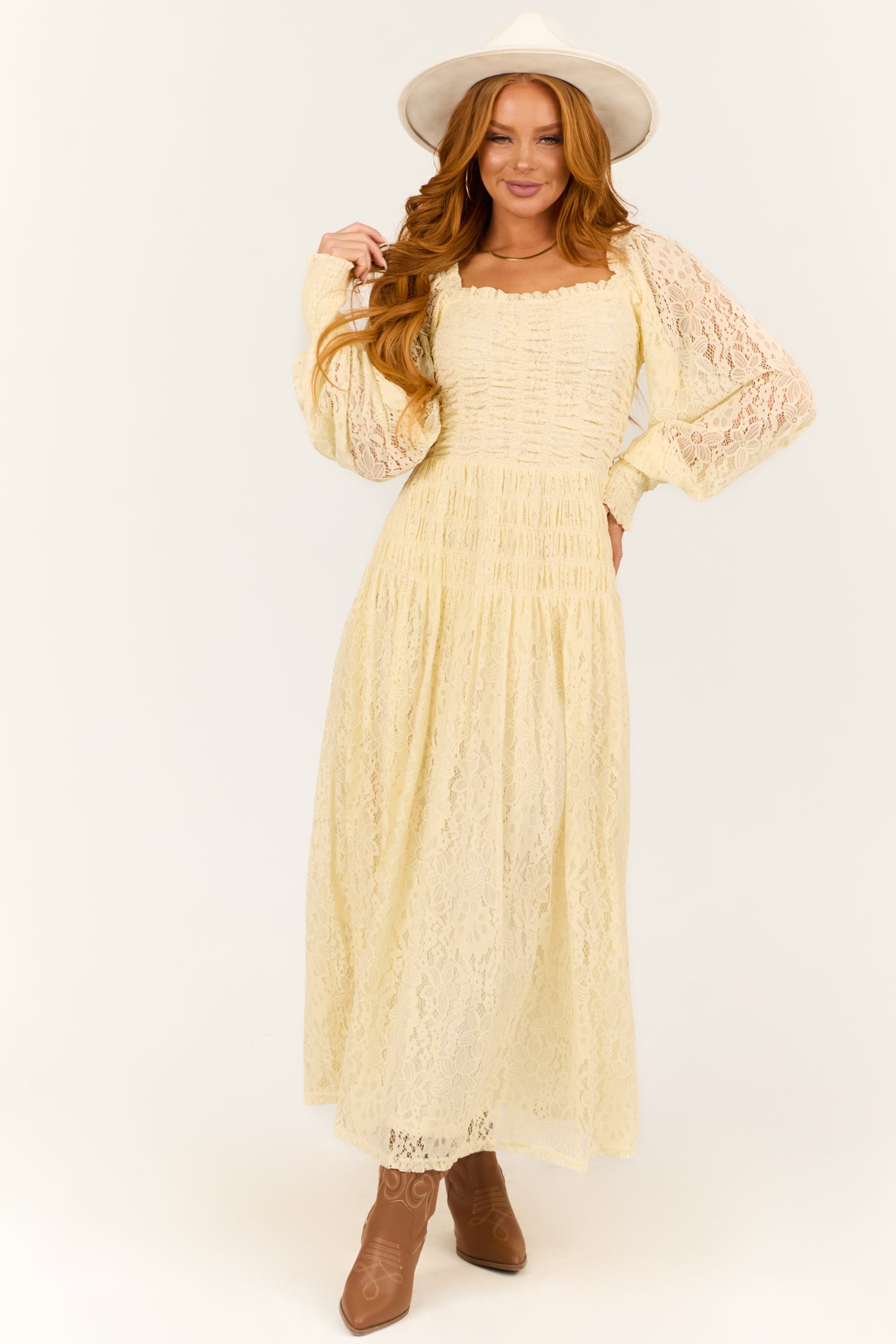 Cream Smocked Bubble Sleeve Lace Maxi Dress Cream Smocked Bubble Sleeve Lace Maxi Dress