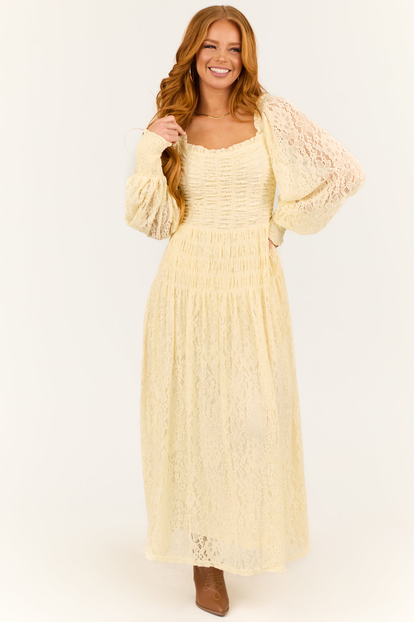 Cream Smocked Bubble Sleeve Lace Maxi Dress Cream Smocked Bubble Sleeve Lace Maxi Dress