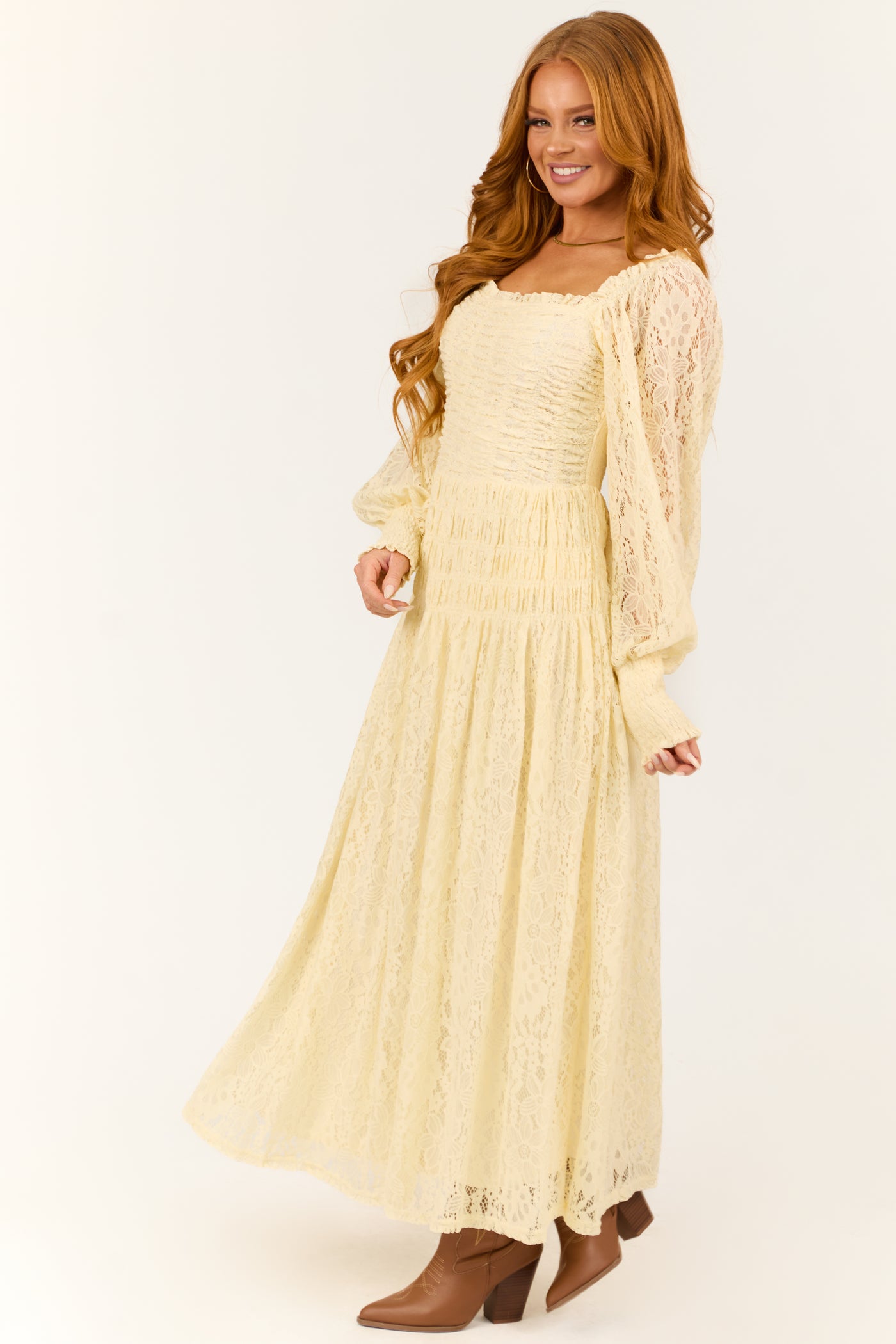 Cream Smocked Bubble Sleeve Lace Maxi Dress | Lime Lush Boutique Cream Smocked Bubble Sleeve Lace Maxi Dress | Lime Lush Boutique