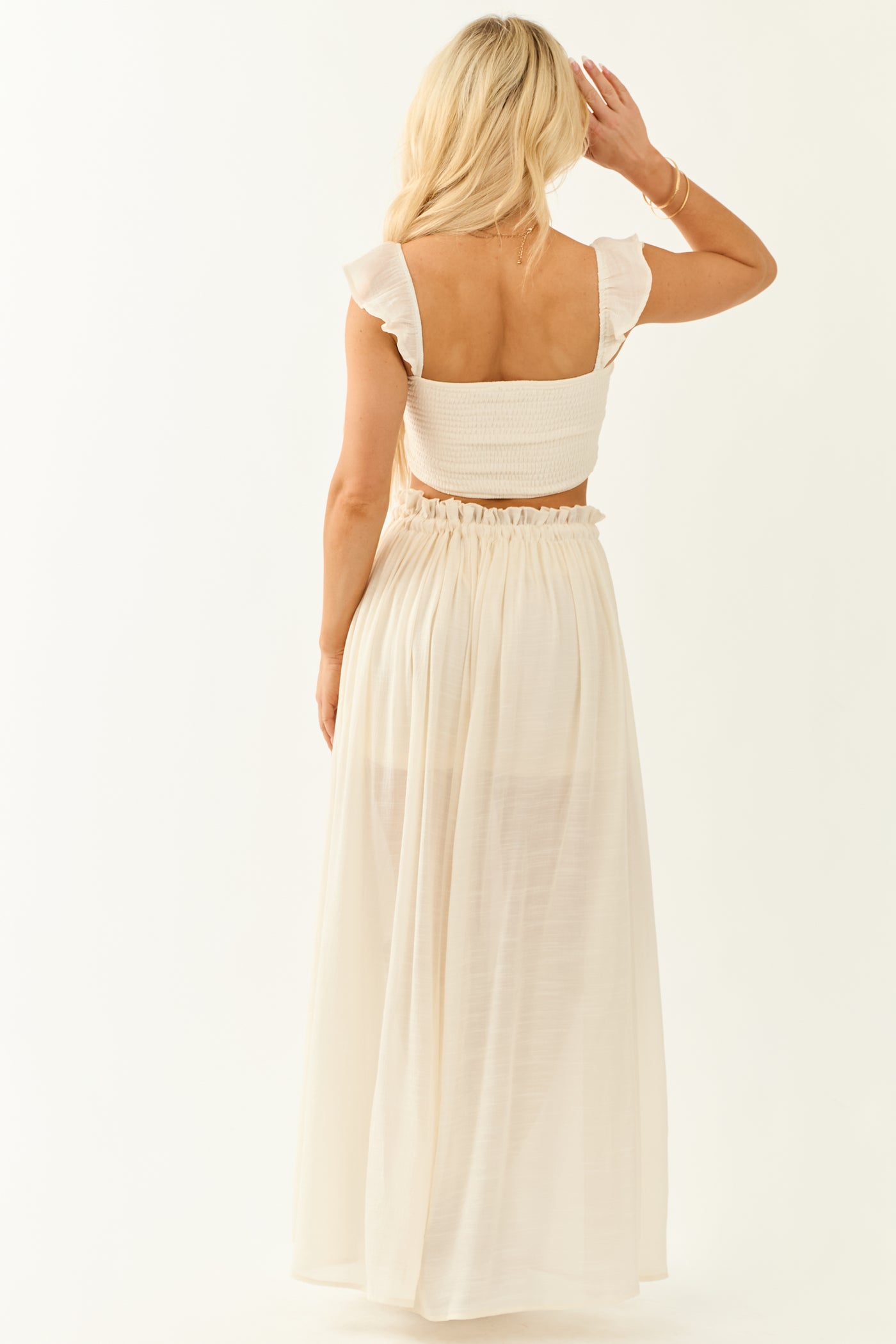 Cream Smocked Crop Top and Maxi Skirt Set