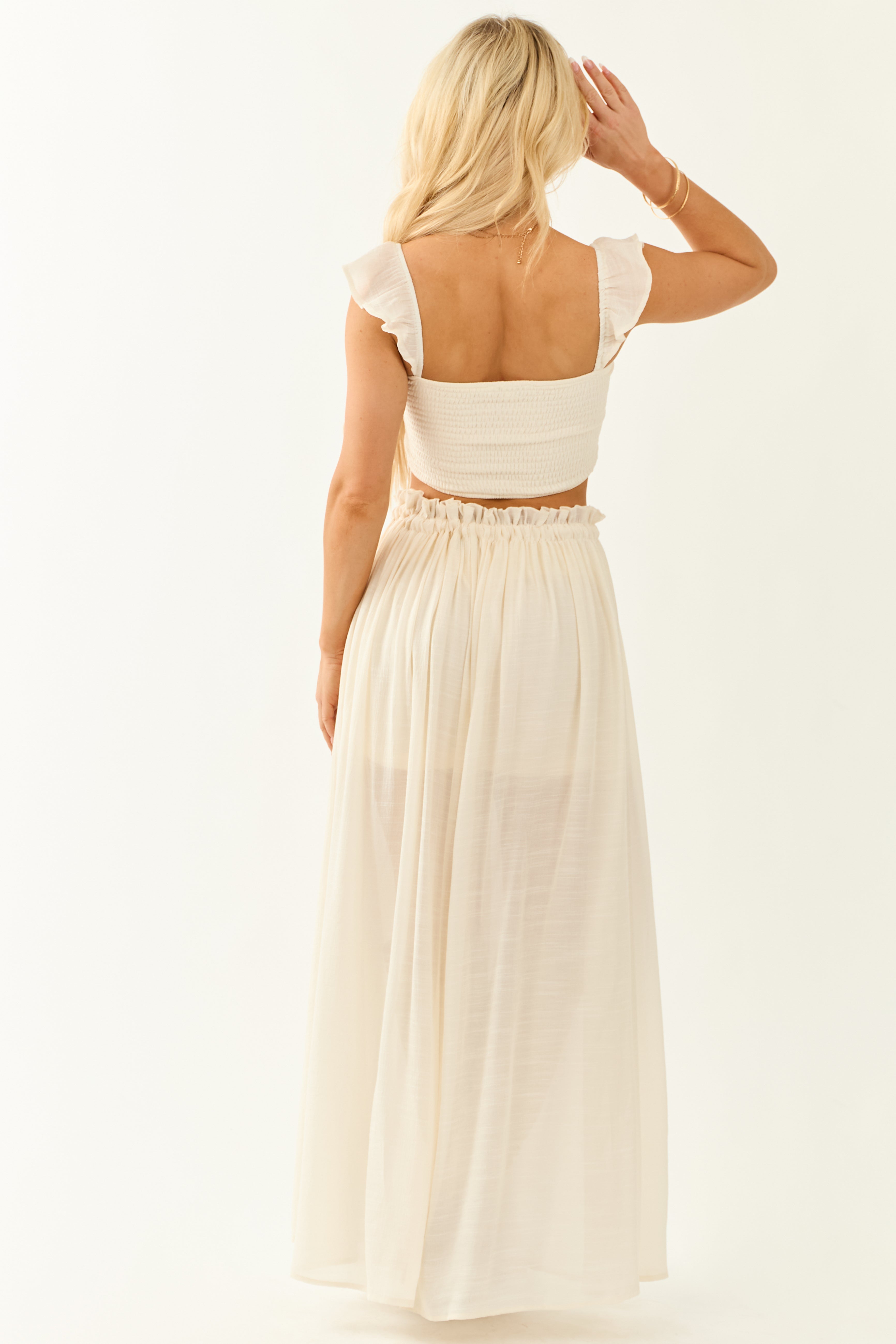 Cream Smocked Crop Top and Maxi Skirt Set