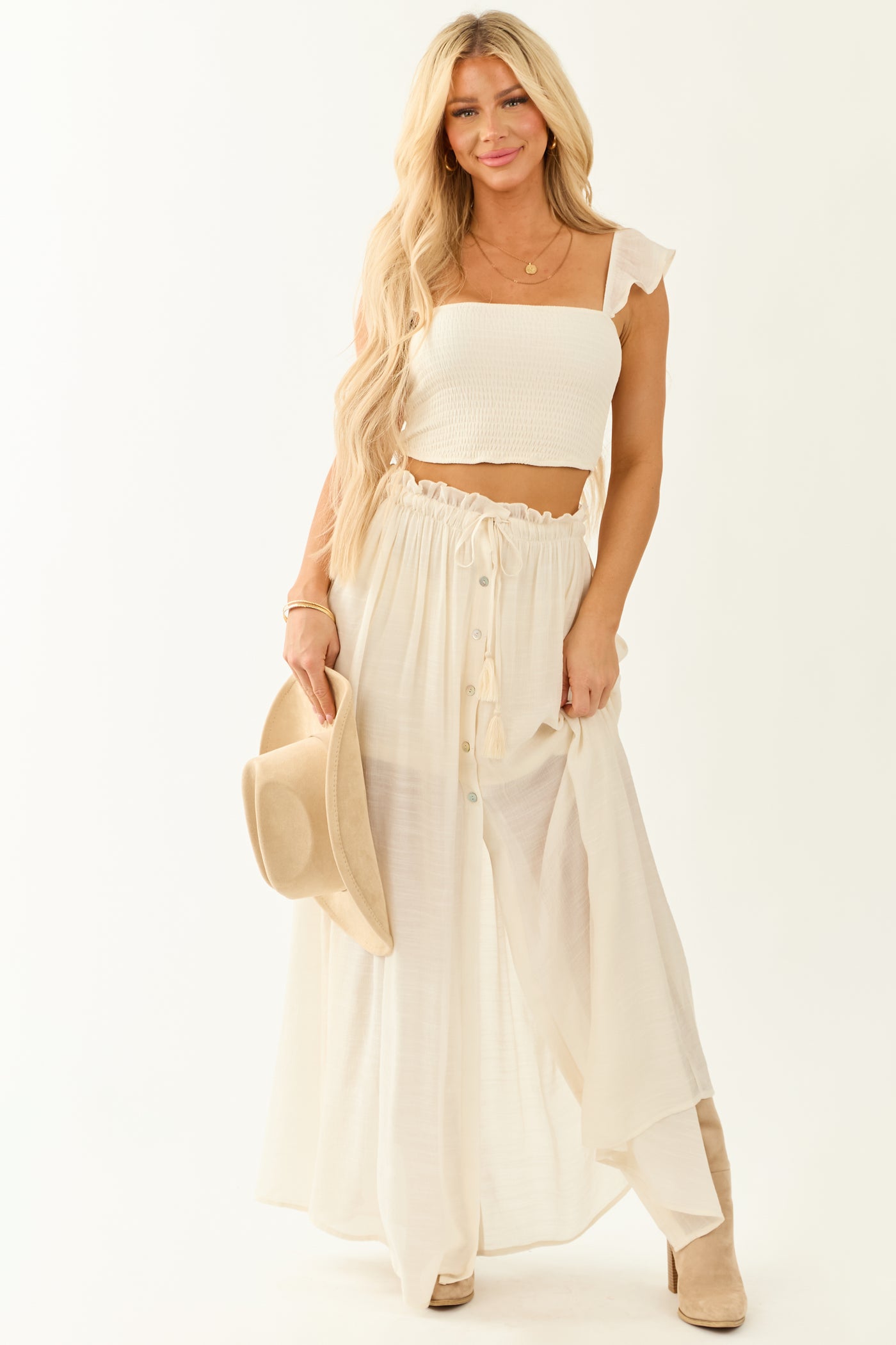 Cream Smocked Crop Top and Maxi Skirt Set