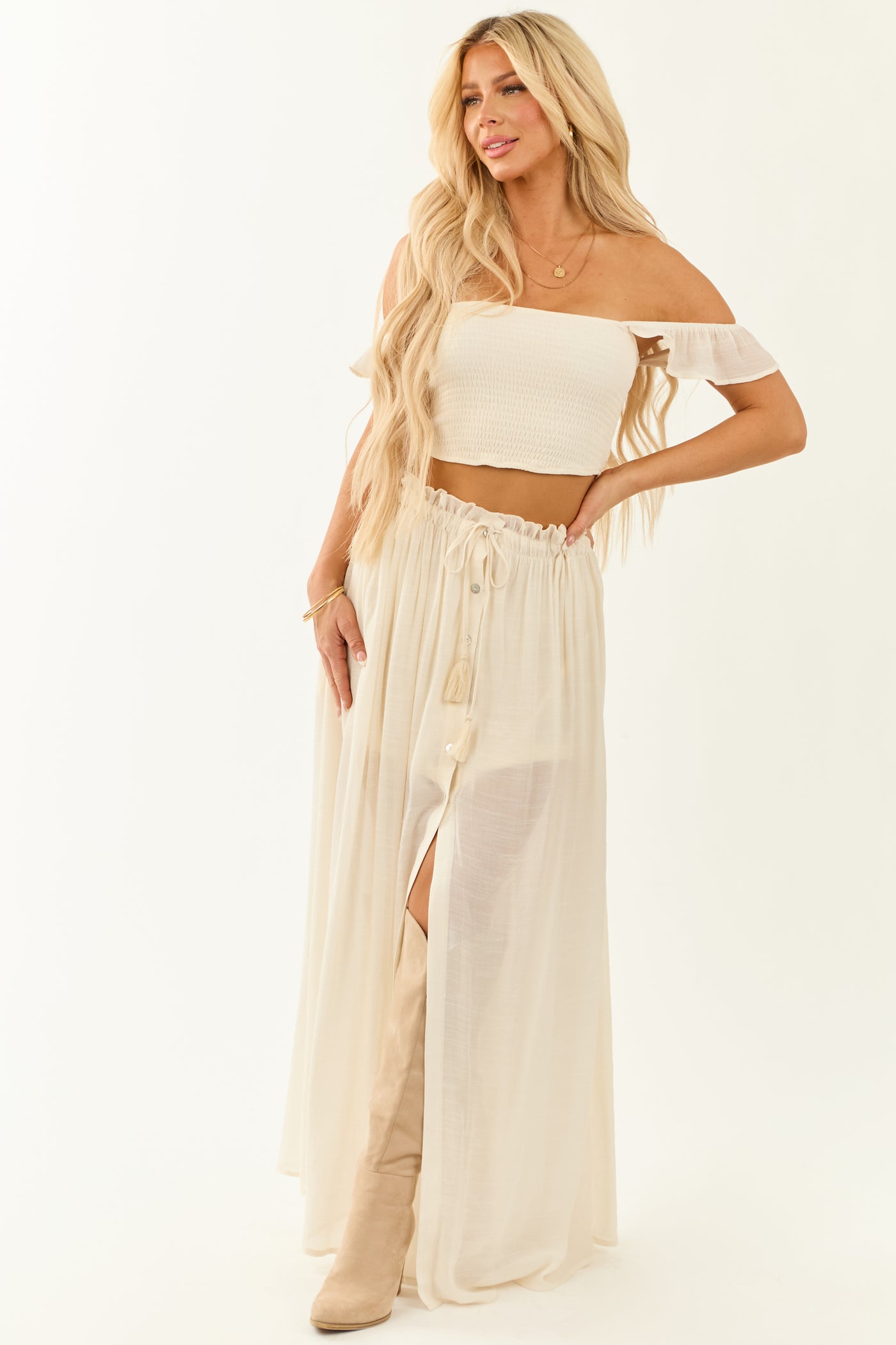 Cream Smocked Crop Top and Maxi Skirt Set