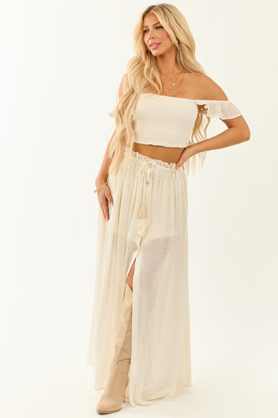 Cream Smocked Crop Top and Maxi Skirt Set