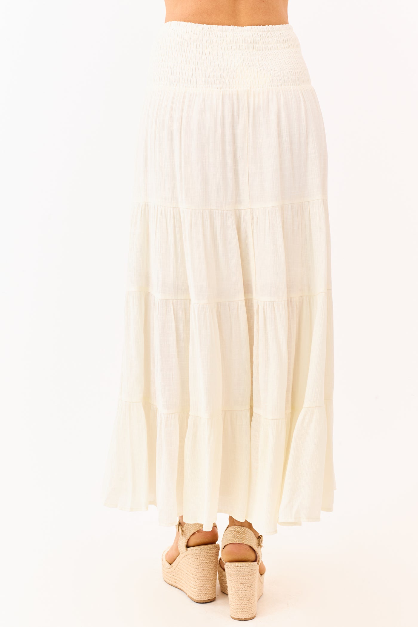Cream Smocked Waist Tiered Flowy Maxi Skirt