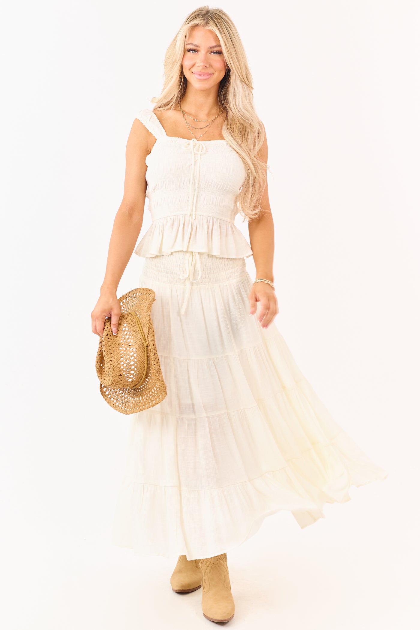 Cream Smocked Waist Tiered Flowy Maxi Skirt Cream Smocked Waist Tiered Flowy Maxi Skirt