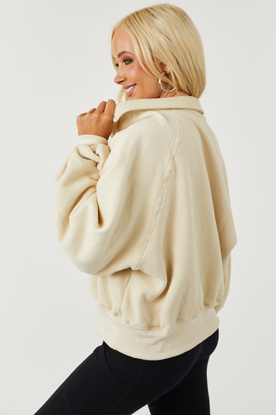 Cream Snap Button Collared Long Sleeve Sweatshirt