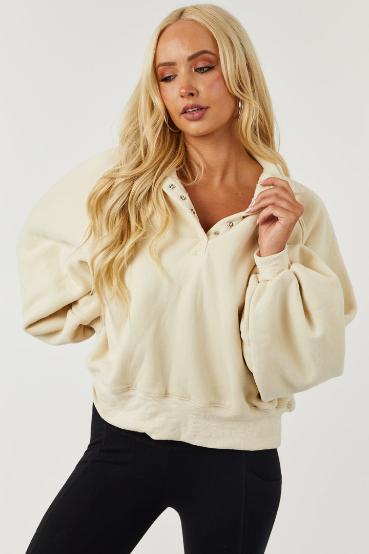 Cream Snap Button Collared Long Sleeve Sweatshirt