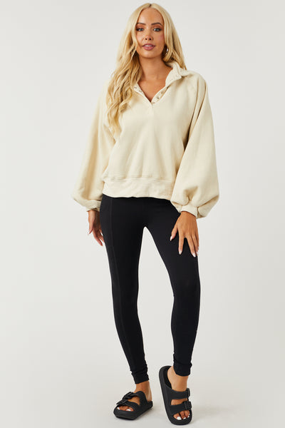 Cream Snap Button Collared Long Sleeve Sweatshirt