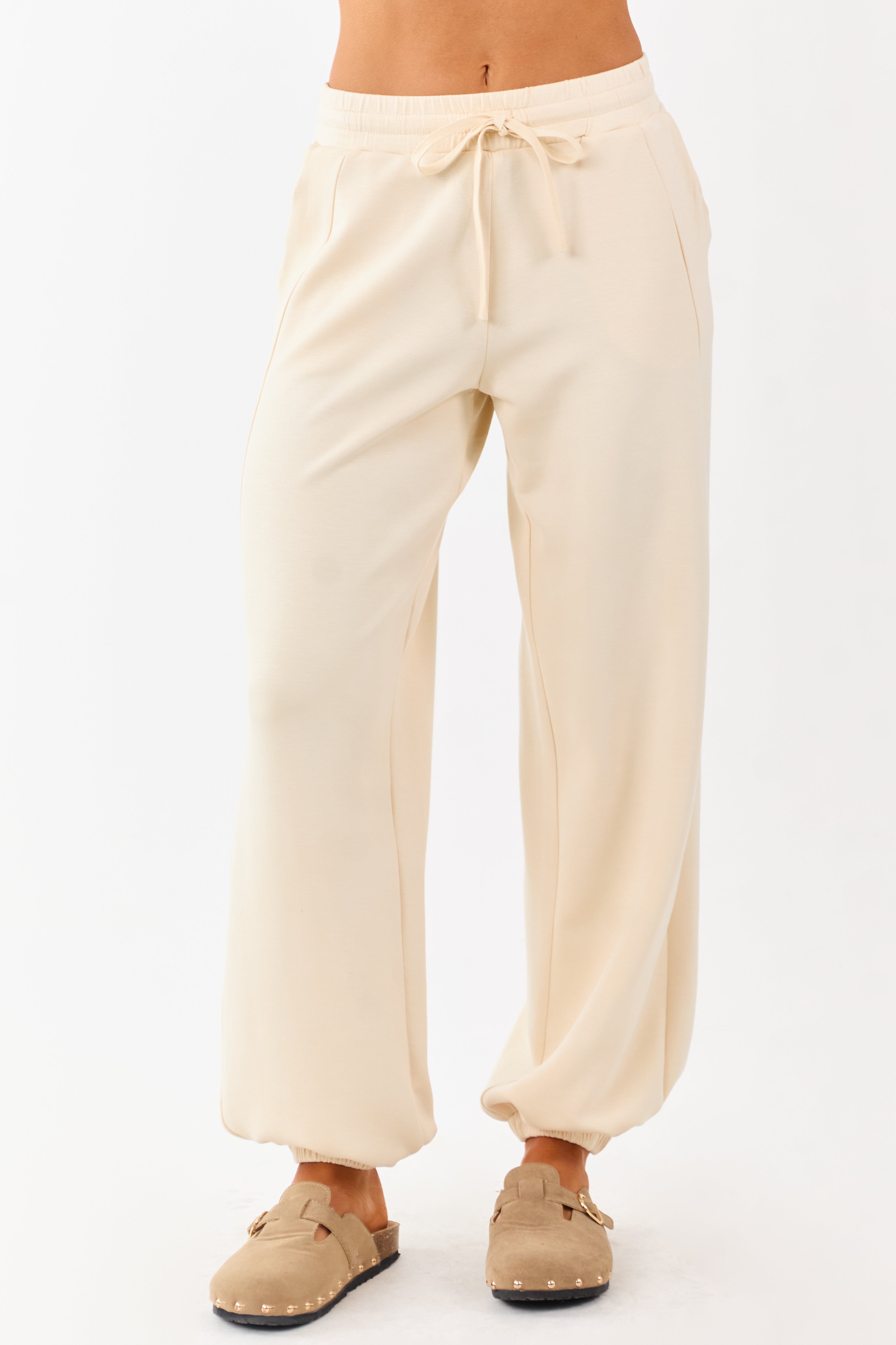 Cream Soft Knit Drawstring Jogger Sweatpants