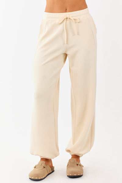 Cream Soft Knit Drawstring Jogger Sweatpants
