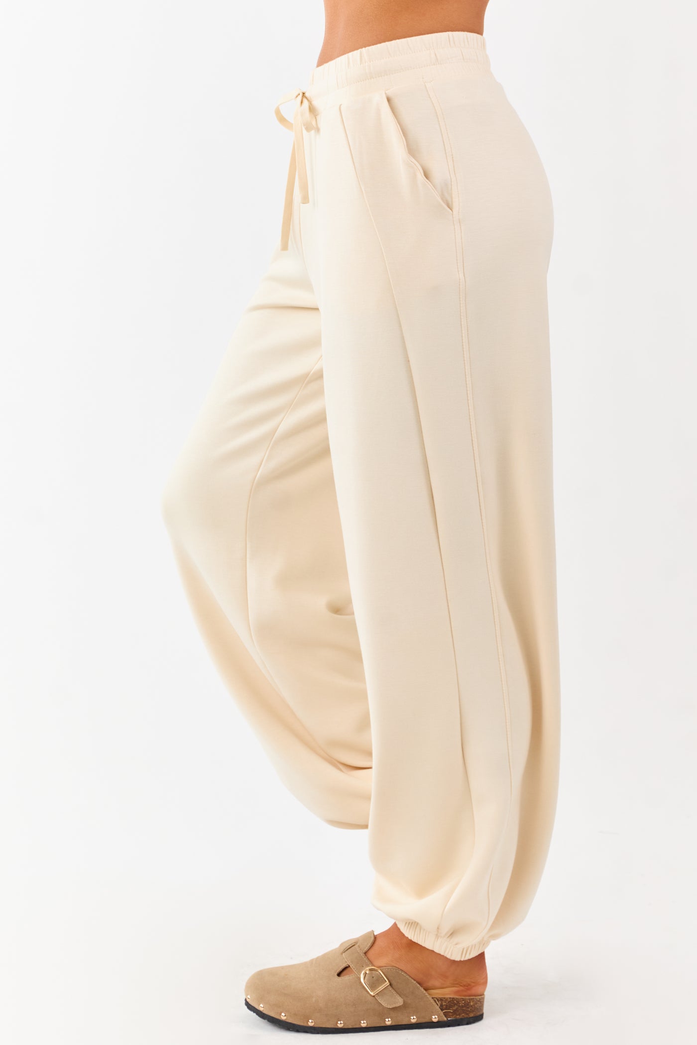 Cream Soft Knit Drawstring Jogger Sweatpants