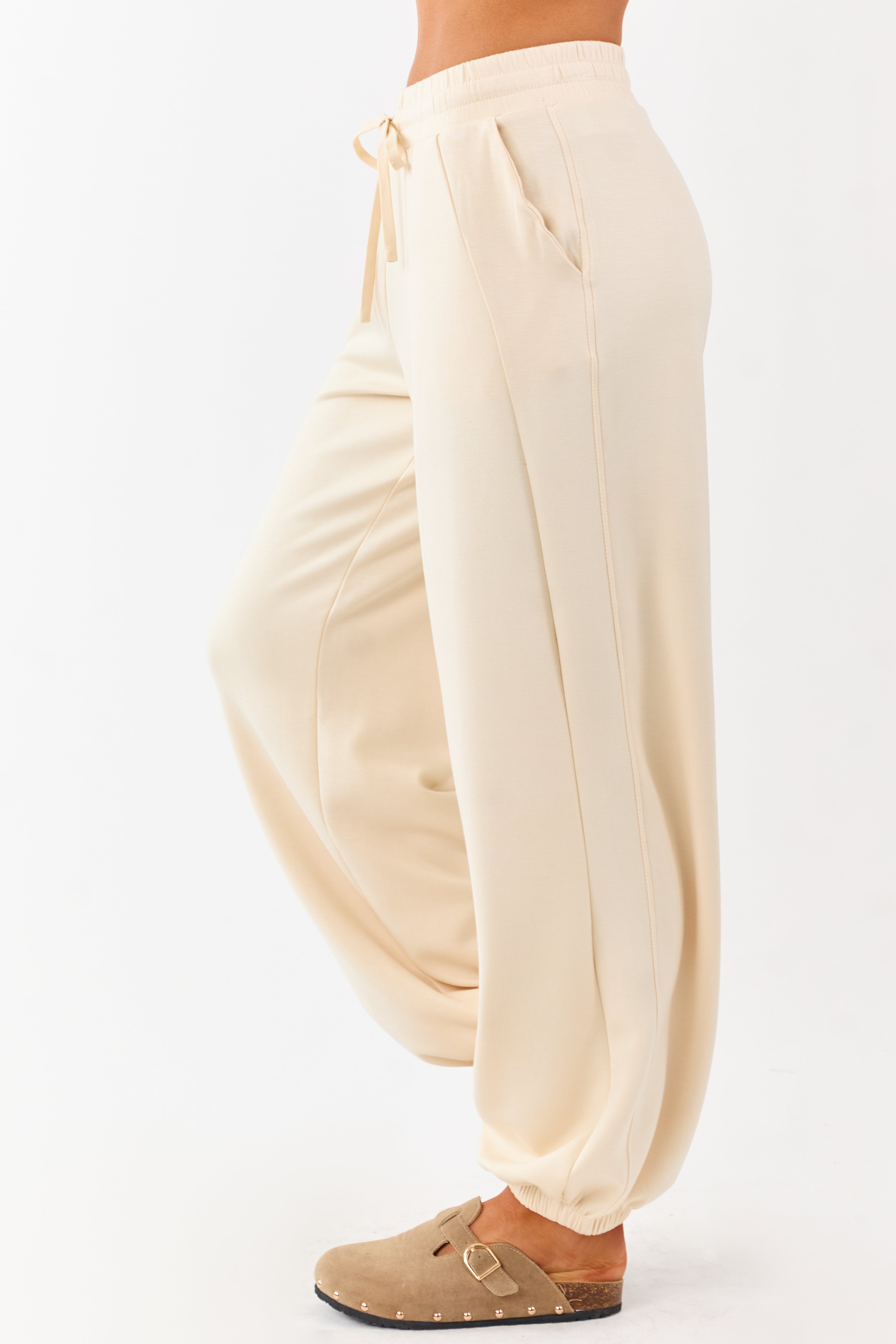 Cream Soft Knit Drawstring Jogger Sweatpants
