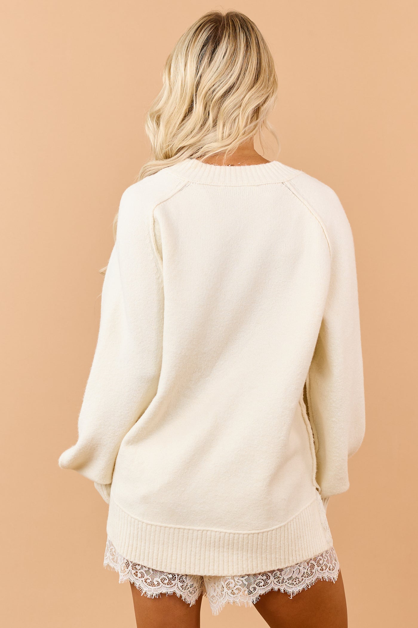 Cream Soft Knit Ribbed Trim V-Neck Relaxed Sweater