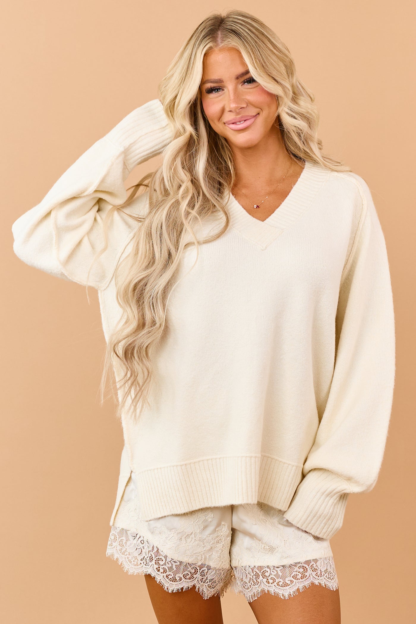 Cream Soft Knit Ribbed Trim V-Neck Relaxed Sweater