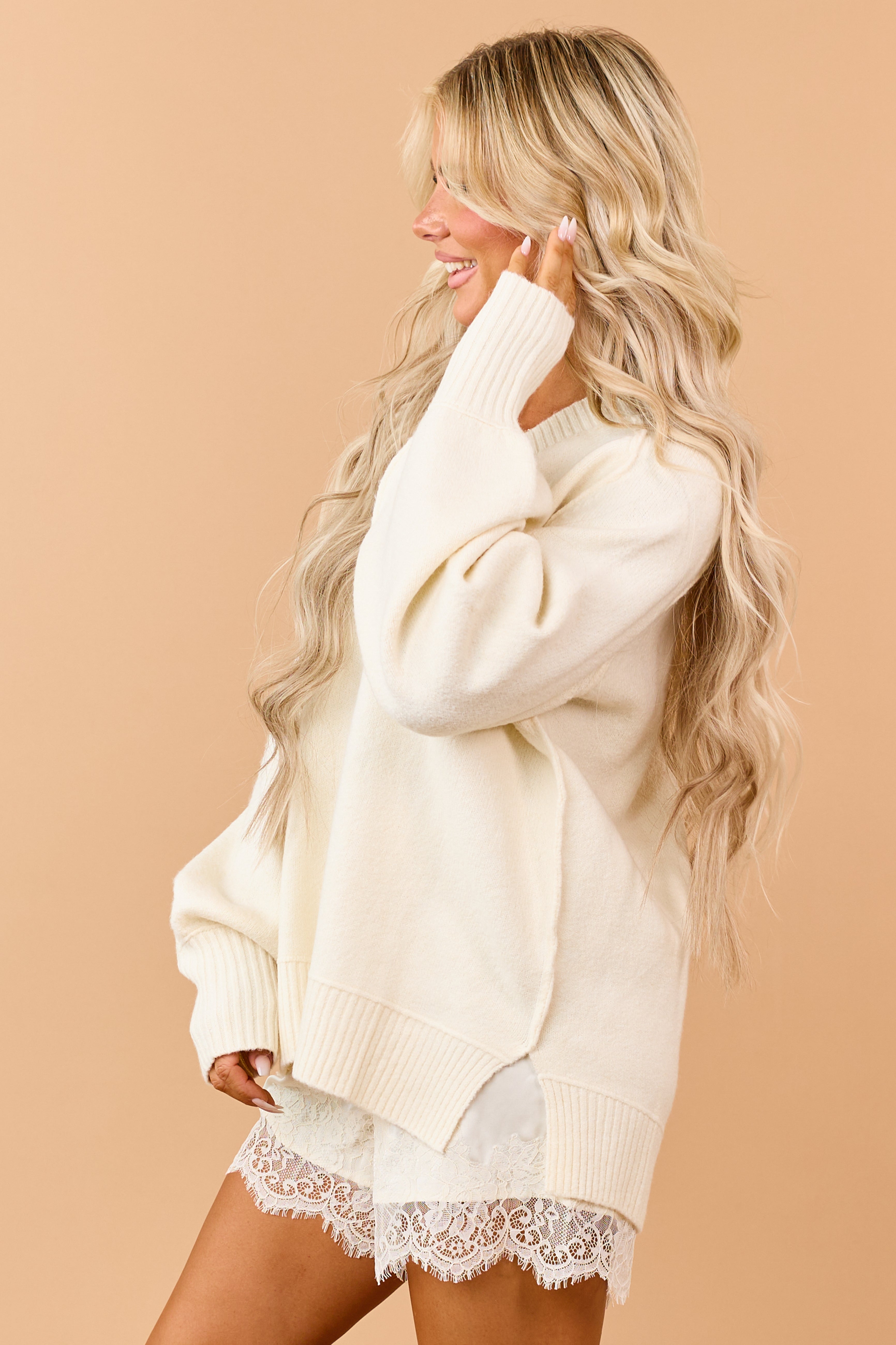 Cream Soft Knit Ribbed Trim V-Neck Relaxed Sweater