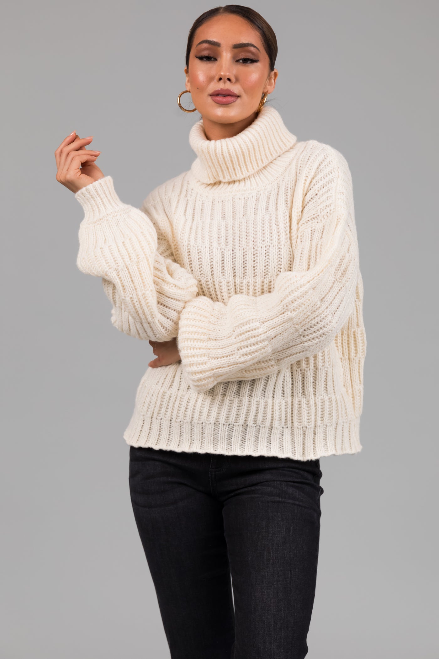 Cream Soft Knit Textured Turtleneck Sweater
