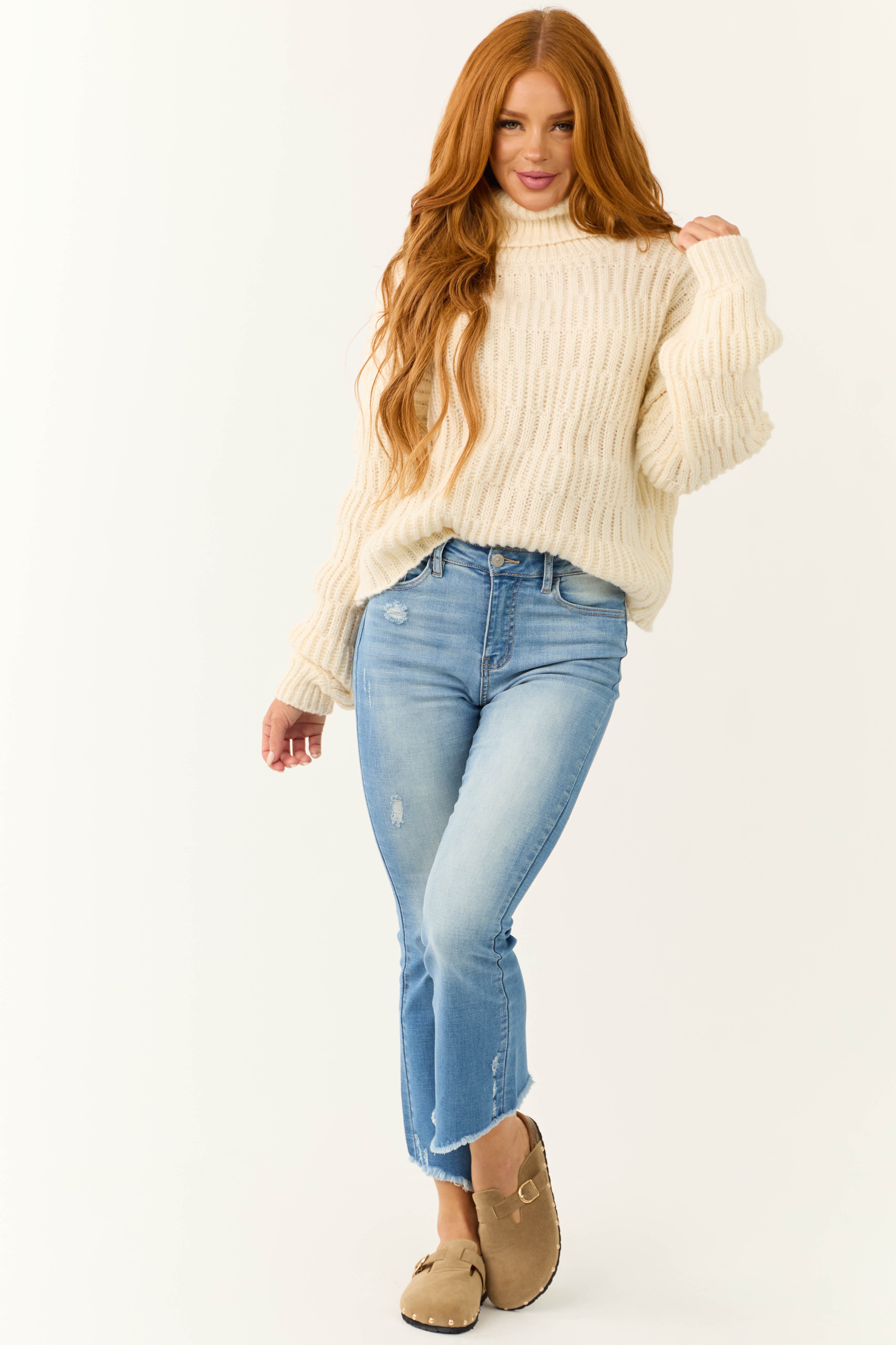 Cream Soft Knit Textured Turtleneck Sweater
