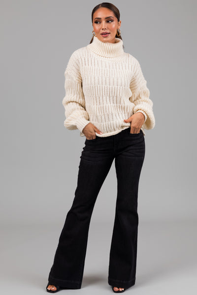 Cream Soft Knit Textured Turtleneck Sweater