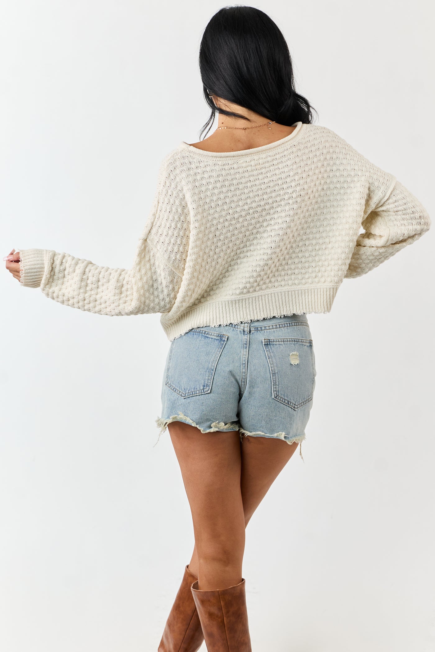 Cream Soft Textured Knit Round Neck Boxy Sweater
