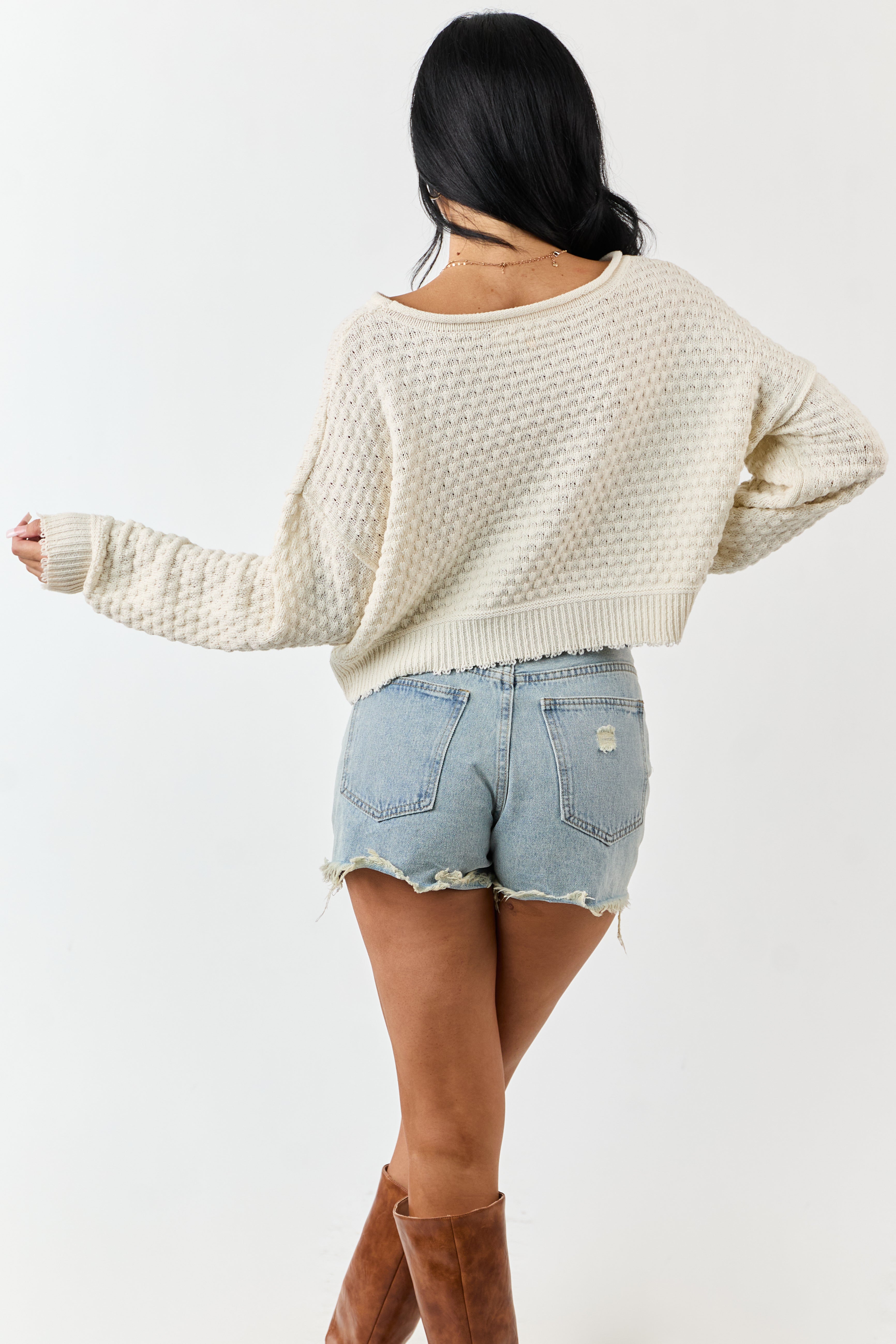 Cream Soft Textured Knit Round Neck Boxy Sweater