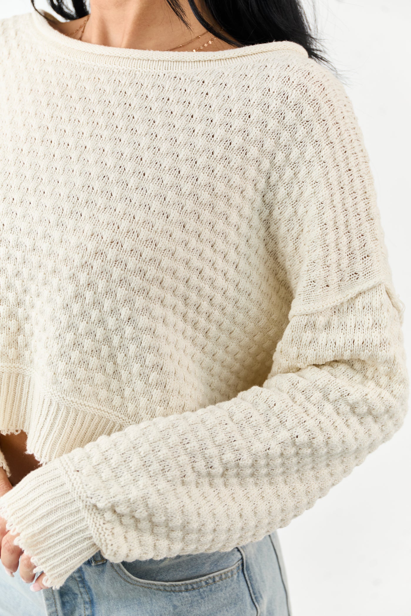 Cream Soft Textured Knit Round Neck Boxy Sweater